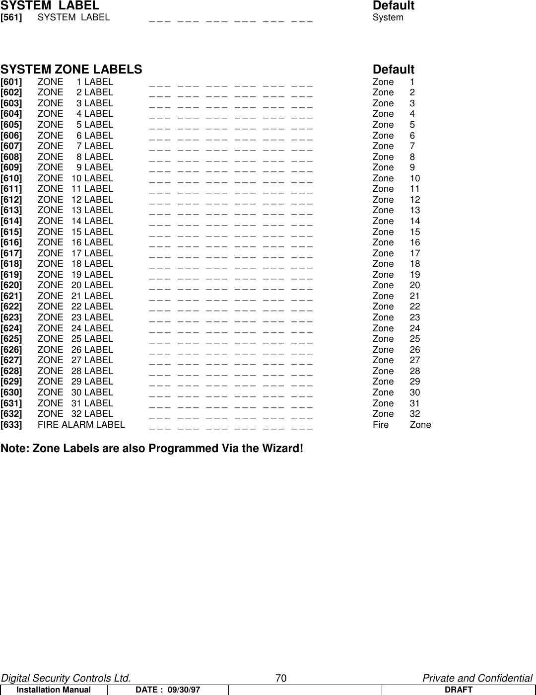 Digital Security Controls Ltd.                   70                                               Private and ConfidentialInstallation Manual DATE :  09/30/97 DRAFTSYSTEM  LABEL Default[561] SYSTEM  LABEL   _ _ _   _ _ _   _ _ _   _ _ _   _ _ _   _ _ _ SystemSYSTEM ZONE LABELS Default[601] ZONE     1 LABEL _ _ _   _ _ _   _ _ _   _ _ _   _ _ _   _ _ _ Zone  1[602] ZONE     2 LABEL _ _ _   _ _ _   _ _ _   _ _ _   _ _ _   _ _ _ Zone  2[603] ZONE     3 LABEL _ _ _   _ _ _   _ _ _   _ _ _   _ _ _   _ _ _ Zone  3[604] ZONE     4 LABEL _ _ _   _ _ _   _ _ _   _ _ _   _ _ _   _ _ _ Zone  4[605] ZONE     5 LABEL _ _ _   _ _ _   _ _ _   _ _ _   _ _ _   _ _ _ Zone  5[606] ZONE     6 LABEL _ _ _   _ _ _   _ _ _   _ _ _   _ _ _   _ _ _ Zone  6[607] ZONE     7 LABEL _ _ _   _ _ _   _ _ _   _ _ _   _ _ _   _ _ _ Zone  7[608] ZONE     8 LABEL _ _ _   _ _ _   _ _ _   _ _ _   _ _ _   _ _ _ Zone  8[609] ZONE     9 LABEL _ _ _   _ _ _   _ _ _   _ _ _   _ _ _   _ _ _ Zone  9[610] ZONE   10 LABEL _ _ _   _ _ _   _ _ _   _ _ _   _ _ _   _ _ _ Zone  10[611] ZONE   11 LABEL _ _ _   _ _ _   _ _ _   _ _ _   _ _ _   _ _ _ Zone  11[612] ZONE   12 LABEL _ _ _   _ _ _   _ _ _   _ _ _   _ _ _   _ _ _ Zone  12[613] ZONE   13 LABEL _ _ _   _ _ _   _ _ _   _ _ _   _ _ _   _ _ _ Zone  13[614] ZONE   14 LABEL _ _ _   _ _ _   _ _ _   _ _ _   _ _ _   _ _ _ Zone  14[615] ZONE   15 LABEL _ _ _   _ _ _   _ _ _   _ _ _   _ _ _   _ _ _ Zone  15[616] ZONE   16 LABEL _ _ _   _ _ _   _ _ _   _ _ _   _ _ _   _ _ _ Zone  16[617] ZONE   17 LABEL _ _ _   _ _ _   _ _ _   _ _ _   _ _ _   _ _ _ Zone  17[618] ZONE   18 LABEL _ _ _   _ _ _   _ _ _   _ _ _   _ _ _   _ _ _ Zone  18[619] ZONE   19 LABEL _ _ _   _ _ _   _ _ _   _ _ _   _ _ _   _ _ _ Zone  19[620] ZONE   20 LABEL _ _ _   _ _ _   _ _ _   _ _ _   _ _ _   _ _ _ Zone  20[621] ZONE   21 LABEL _ _ _   _ _ _   _ _ _   _ _ _   _ _ _   _ _ _ Zone  21[622] ZONE   22 LABEL _ _ _   _ _ _   _ _ _   _ _ _   _ _ _   _ _ _ Zone  22[623] ZONE   23 LABEL _ _ _   _ _ _   _ _ _   _ _ _   _ _ _   _ _ _ Zone  23[624] ZONE   24 LABEL _ _ _   _ _ _   _ _ _   _ _ _   _ _ _   _ _ _ Zone  24[625] ZONE   25 LABEL _ _ _   _ _ _   _ _ _   _ _ _   _ _ _   _ _ _ Zone  25[626] ZONE   26 LABEL _ _ _   _ _ _   _ _ _   _ _ _   _ _ _   _ _ _ Zone  26[627] ZONE   27 LABEL _ _ _   _ _ _   _ _ _   _ _ _   _ _ _   _ _ _ Zone  27[628] ZONE   28 LABEL _ _ _   _ _ _   _ _ _   _ _ _   _ _ _   _ _ _ Zone  28[629] ZONE   29 LABEL _ _ _   _ _ _   _ _ _   _ _ _   _ _ _   _ _ _ Zone  29[630] ZONE   30 LABEL _ _ _   _ _ _   _ _ _   _ _ _   _ _ _   _ _ _ Zone  30[631] ZONE   31 LABEL _ _ _   _ _ _   _ _ _   _ _ _   _ _ _   _ _ _ Zone  31[632] ZONE   32 LABEL _ _ _   _ _ _   _ _ _   _ _ _   _ _ _   _ _ _ Zone  32[633] FIRE ALARM LABEL _ _ _   _ _ _   _ _ _   _ _ _   _ _ _   _ _ _ Fire ZoneNote: Zone Labels are also Programmed Via the Wizard!