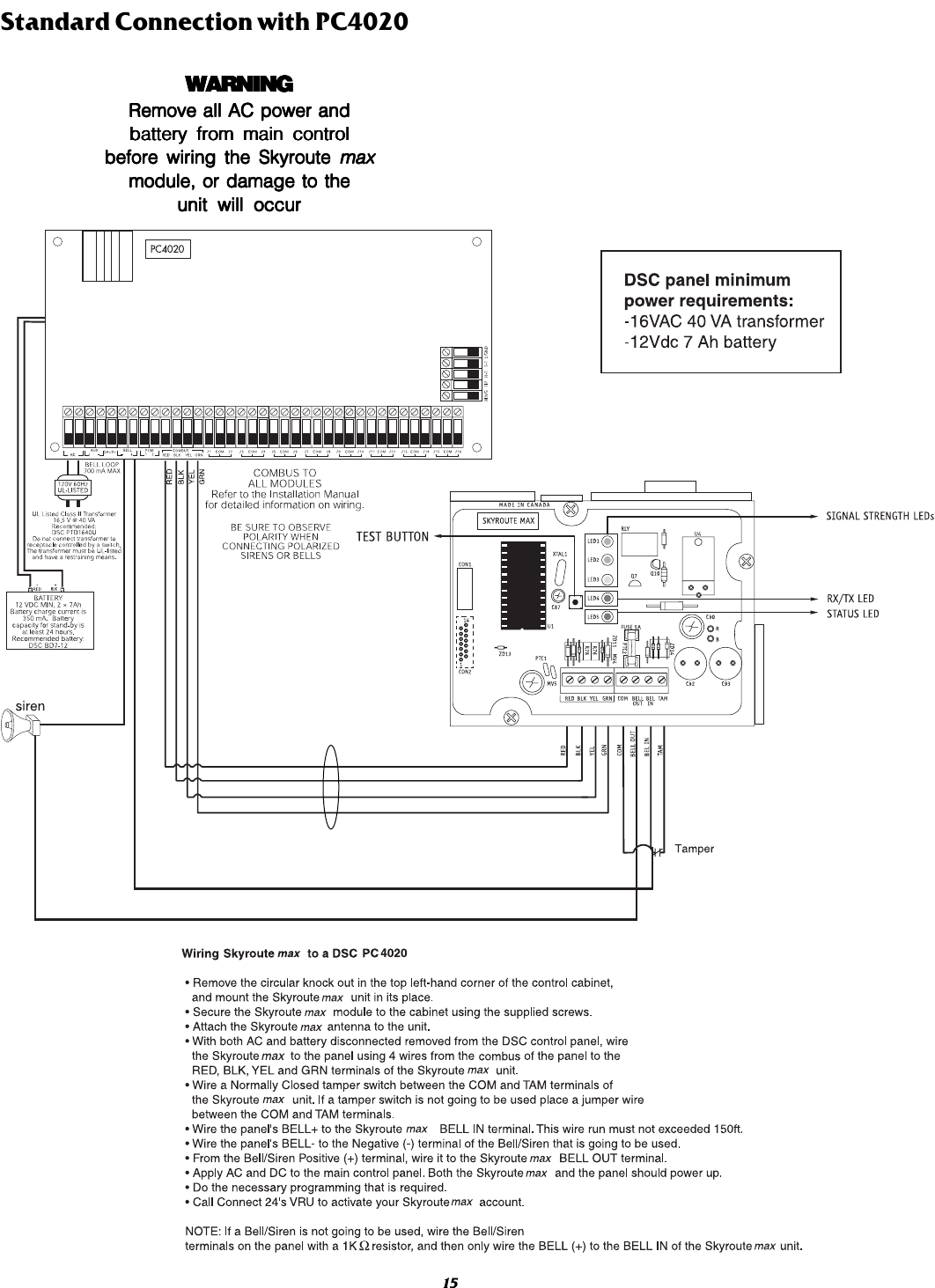 Standard Connection with PC402015WARNINGWARNINGWARNINGWARNINGWARNINGRemove all AC power andRemove all AC power andRemove all AC power andRemove all AC power andRemove all AC power andbattery from main controlbattery from main controlbattery from main controlbattery from main controlbattery from main controlbefore wiring the Skyroute before wiring the Skyroute before wiring the Skyroute before wiring the Skyroute before wiring the Skyroute maxmaxmaxmaxmaxmodule, or damage to themodule, or damage to themodule, or damage to themodule, or damage to themodule, or damage to theunit will occurunit will occurunit will occurunit will occurunit will occur