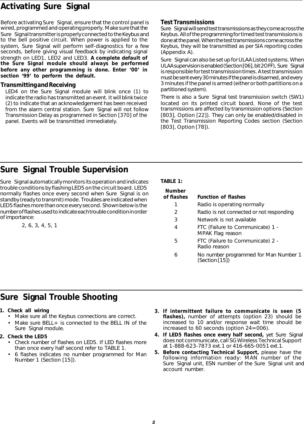 5Activating Sure SignalBefore activating Sure Signal, ensure that the control panel iswired, programmed and operating properly. Make sure that theSure Signal transmitter is properly connected to the Keybus andto the bell positive circuit. When power is applied to thesystem, Sure Signal will perform self-diagnostics for a fewseconds, before giving visual feedback by indicating signalstrength on LED1, LED2 and LED3. A complete default ofthe Sure Signal module should always be performedbefore any other programming is done. Enter ‘00’ insection ‘99’ to perform the default.Transmitting and ReceivingLED4 on the Sure Signal module will blink once (1) toindicate the radio has transmitted an event. It will blink twice(2) to indicate that an acknowledgement has been receivedfrom the alarm central station. Sure Signal will not followTransmission Delay as programmed in Section [370] of thepanel. Events will be transmitted immediately.Test TransmissionsSure Signal will send test transmissions as they come across theKeybus. All of the programming for timed test transmissions isdone at the panel. When the test transmissions come across theKeybus, they will be transmitted as per SIA reporting codes(Appendix A).Sure Signal can also be set up for ULAA Listed systems. WhenULAA supervision is enabled (Section [06], bit 2OFF),  Sure Signalis responsible for test transmission times. A test transmissionmust be sent every 30 minutes if the panel is disarmed, and every3 minutes if the panel is armed (either or both partitions on apartitioned system).There is also a Sure Signal test transmission switch (SW1)located on its printed circuit board. None of the testtransmissions are affected by transmission options (Section[803], Option [22]). They can only be enabled/disabled inthe Test Transmission Reporting Codes section (Section[803], Option [78]).Sure Signal Trouble SupervisionSure Signal automatically monitors its operation and indicatestrouble conditions by flashing LED5 on the circuit board. LED5normally flashes once every second when Sure Signal is onstandby (ready to transmit) mode. Troubles are indicated whenLED5 flashes more than once every second. Shown below is thenumber of flashes used to indicate each trouble condition in orderof importance:2, 6, 3, 4, 5, 1TABLE 1:Numberof flashes Function of flashes1Radio is operating normally2Radio is not connected or not responding3Network is not available4FTC (Failure to Communicate) 1 -MPAK Flag reason5FTC (Failure to Communicate) 2 -Radio reason6No number programmed for Man Number 1(Section [15])Sure Signal Trouble Shooting1. Check all wiring•Make sure all the Keybus connections are correct.•Make sure BELL+ is connected to the BELL IN of theSure Signal module.2. Check the LED5•Check number of flashes on LED5. If LED flashes morethan once every half second refer to TABLE 1.•6 flashes indicates no number programmed for ManNumber 1 (Section [15]).3. If intermittent failure to communicate is seen (5flashes), number of attempts (option 23) should beincreased to 10 and/or response wait time should beincreased to 60 seconds (option 24=006).4. If LED5 flashes once every half second, yet Sure Signaldoes not communicate, call SG Wireless Technical Supportat 1-888-623-7873 ext.1 or 416-665-0051 ext.1.5. Before contacting Technical Support, please have thefollowing information ready: MAN number of theSure Signal unit, ESN number of the Sure Signal unit andaccount number.