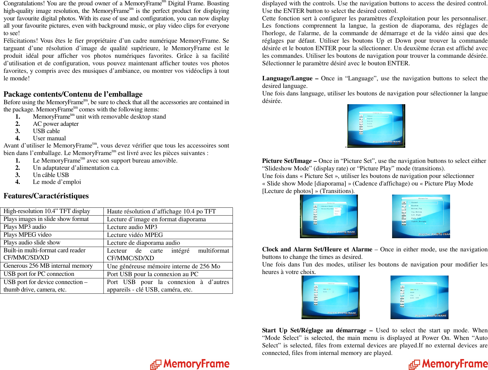 Page 2 of 6 - Digital-Spectrum Digital-Spectrum-Memoryvue-1040-Plus-Users-Manual- MemoryFrame MF-1040 Plus Manual - Bilingual CAN Bookfold  Digital-spectrum-memoryvue-1040-plus-users-manual