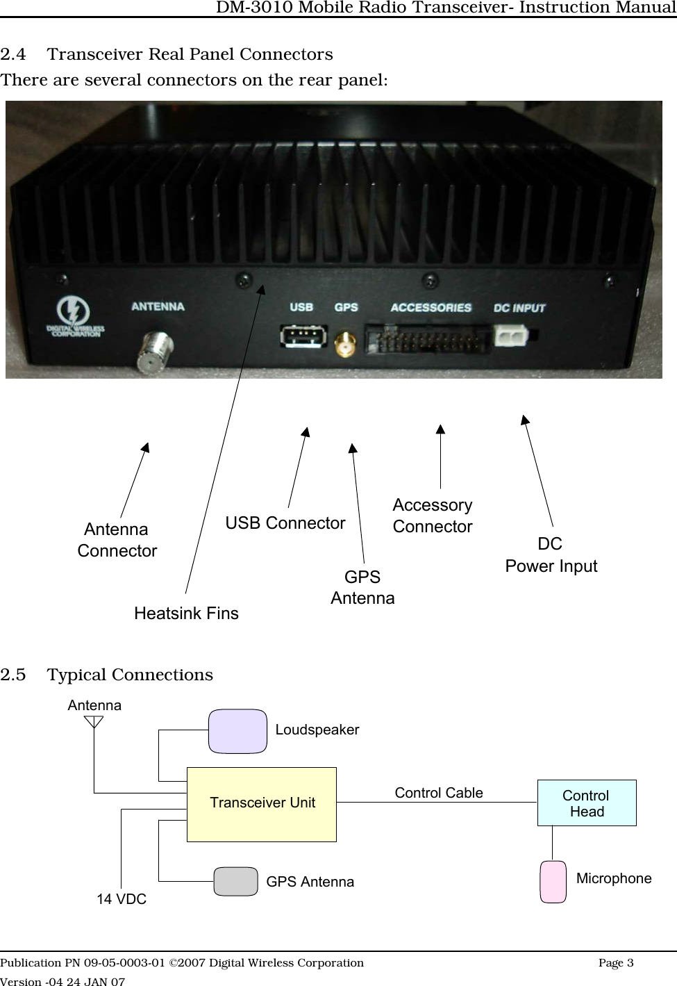 2.4 Transceiver Real Panel ConnectorsThere are several connectors on the rear panel:2.5 Typical ConnectionsControl Cable ControlHeadAntenna14 VDCLoudspeakerMicrophoneGPS AntennaTransceiver UnitDM-3010 Mobile Radio Transceiver- Instruction ManualPublication PN 09-05-0003-01 ©2007 Digital Wireless Corporation Page 3 Version -04 24 JAN 07AntennaConnectorUSB ConnectorGPSAntennaAccessoryConnectorDCPower InputHeatsink Fins