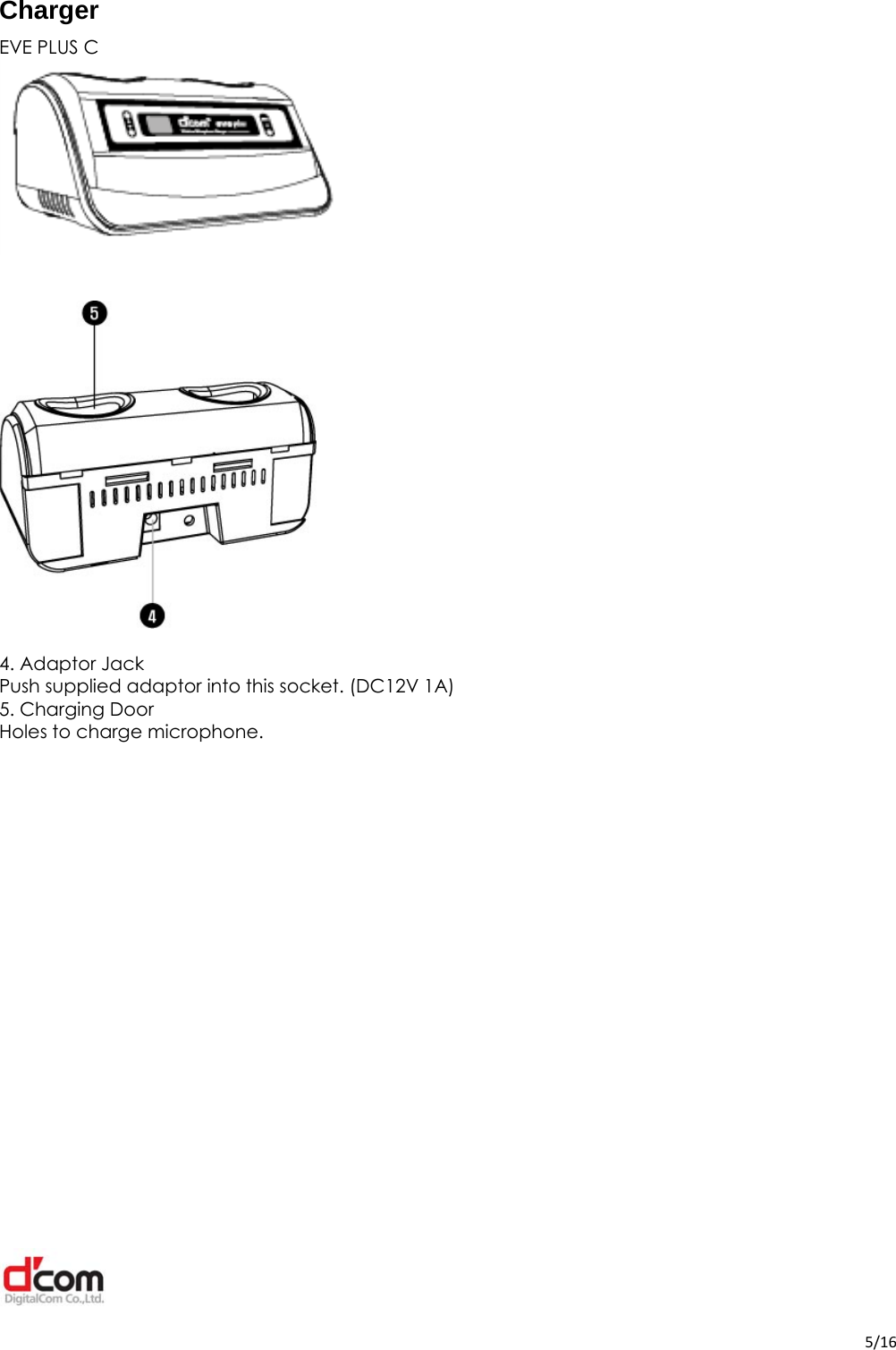  5/16Charger EVE PLUS C      4. Adaptor Jack Push supplied adaptor into this socket. (DC12V 1A)   5. Charging Door Holes to charge microphone.             