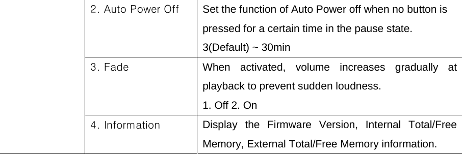 2. Auto Power Off  Set the function of Auto Power off when no button is pressed for a certain time in the pause state. 3(Default) ~ 30min 3. Fade  When activated, volume increases gradually at playback to prevent sudden loudness.   1. Off 2. On  4. Information    Display the Firmware Version, Internal Total/Free Memory, External Total/Free Memory information.                             