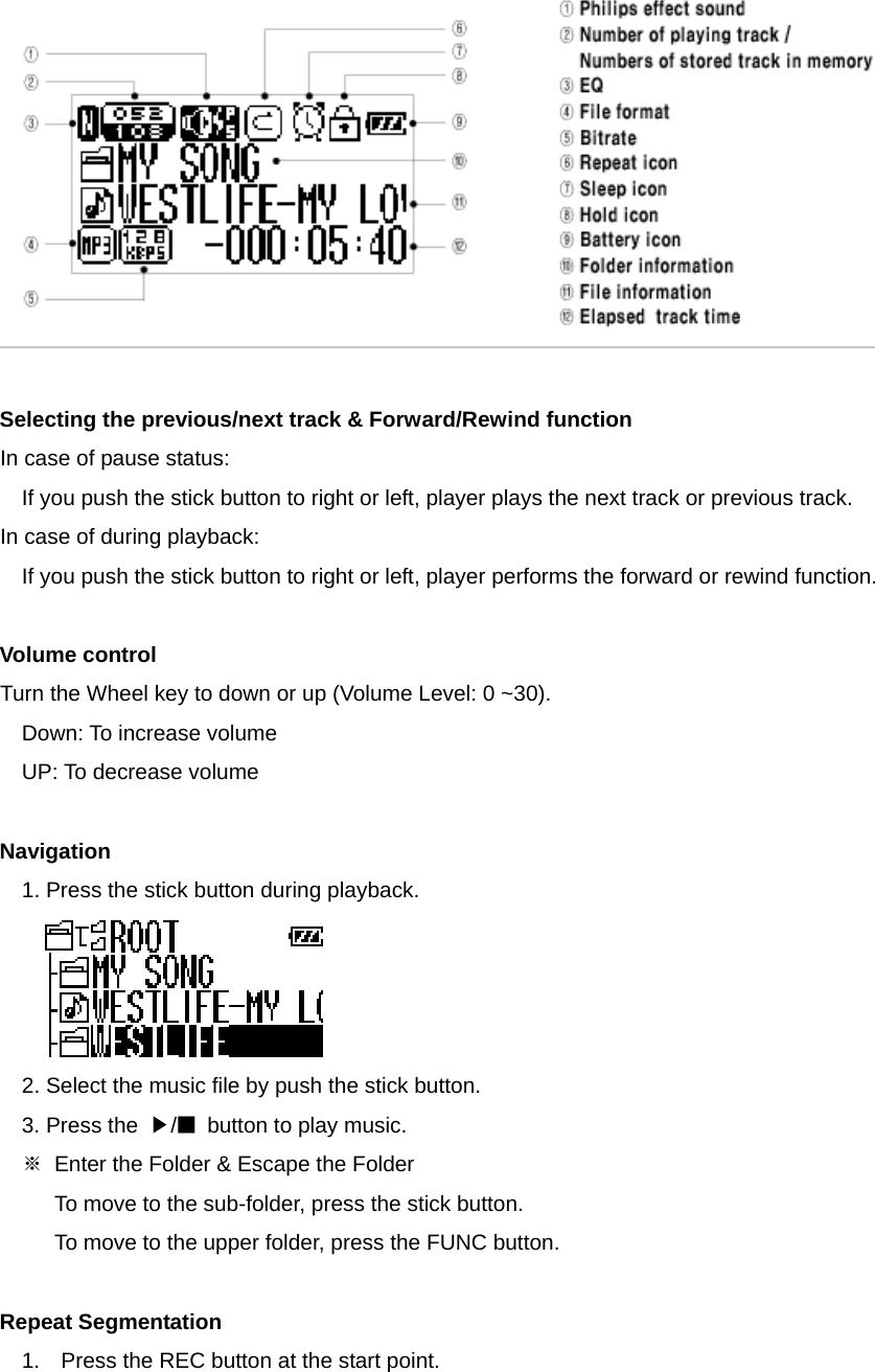   Selecting the previous/next track &amp; Forward/Rewind function   In case of pause status:   If you push the stick button to right or left, player plays the next track or previous track.   In case of during playback:   If you push the stick button to right or left, player performs the forward or rewind function.    Volume control   Turn the Wheel key to down or up (Volume Level: 0 ~30).   Down: To increase volume UP: To decrease volume    Navigation  1. Press the stick button during playback.     2. Select the music file by push the stick button.   3. Press the  ▶/■  button to play music.     ※  Enter the Folder &amp; Escape the Folder   To move to the sub-folder, press the stick button. To move to the upper folder, press the FUNC button.  Repeat Segmentation 1.  Press the REC button at the start point.   