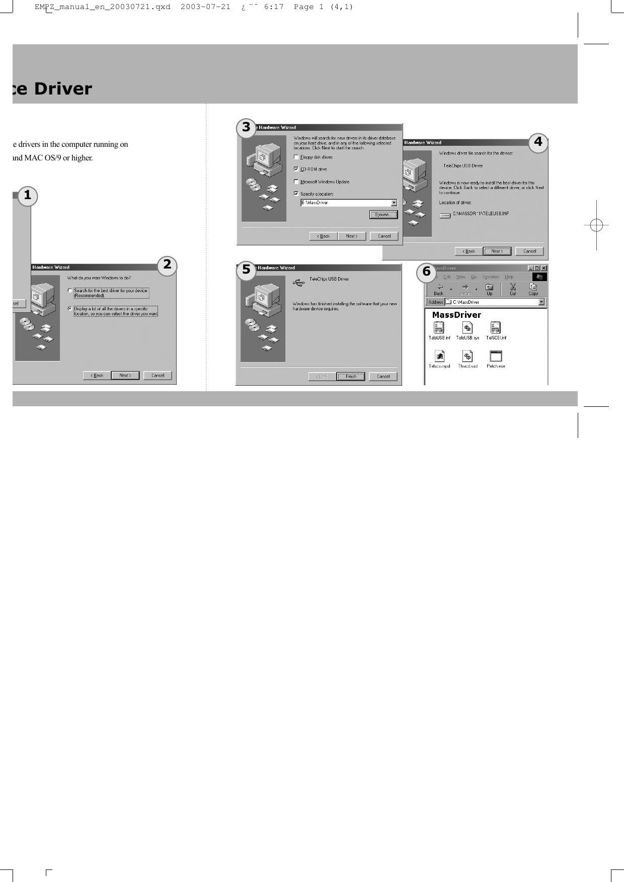 ce drivers in the computer running on and MAC OS/9 or higher.ce Driver123456EMPZ_manual_en_20030721.qxd  2003-07-21  ¿¨˜ 6:17  Page 1 (4,1)