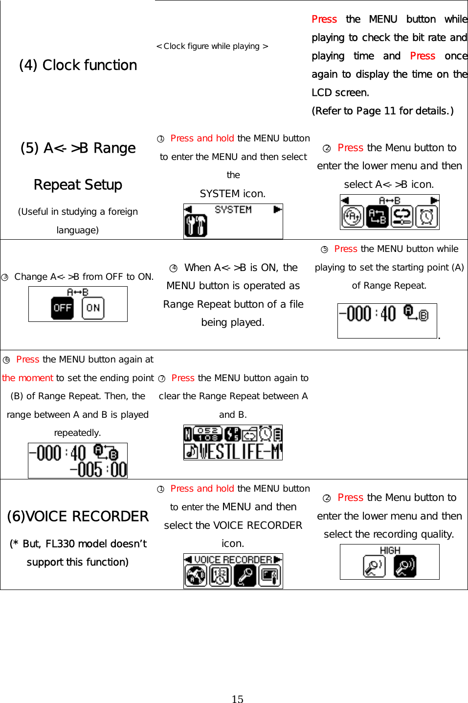 (4) Clock function &lt; Clock figure while playing &gt;   Press the MENU button while playing to check the bit rate and playing time and Press once again to display the time on the LCD screen.  (Refer to Page 11 for details.) (5) A&lt;-&gt;B Range Repeat Setup (Useful in studying a foreign language) ○1 Press and hold the MENU button to enter the MENU and then select the SYSTEM icon.  ○2 Press the Menu button to enter the lower menu and then select A&lt;-&gt;B icon.  ○3 Change A&lt;-&gt;B from OFF to ON.  ○4 When A&lt;-&gt;B is ON, the MENU button is operated as Range Repeat button of a file being played. ○5 Press the MENU button while playing to set the starting point (A) of Range Repeat. . ○6 Press the MENU button again at the moment to set the ending point (B) of Range Repeat. Then, the range between A and B is played repeatedly.  ○7 Press the MENU button again to clear the Range Repeat between A and B.   (6)VOICE RECORDER (* But, FL330 model doesn’t support this function)  ○1 Press and hold the MENU button to enter the MENU and then select the VOICE RECORDER icon.  ○2 Press the Menu button to enter the lower menu and then select the recording quality.   15