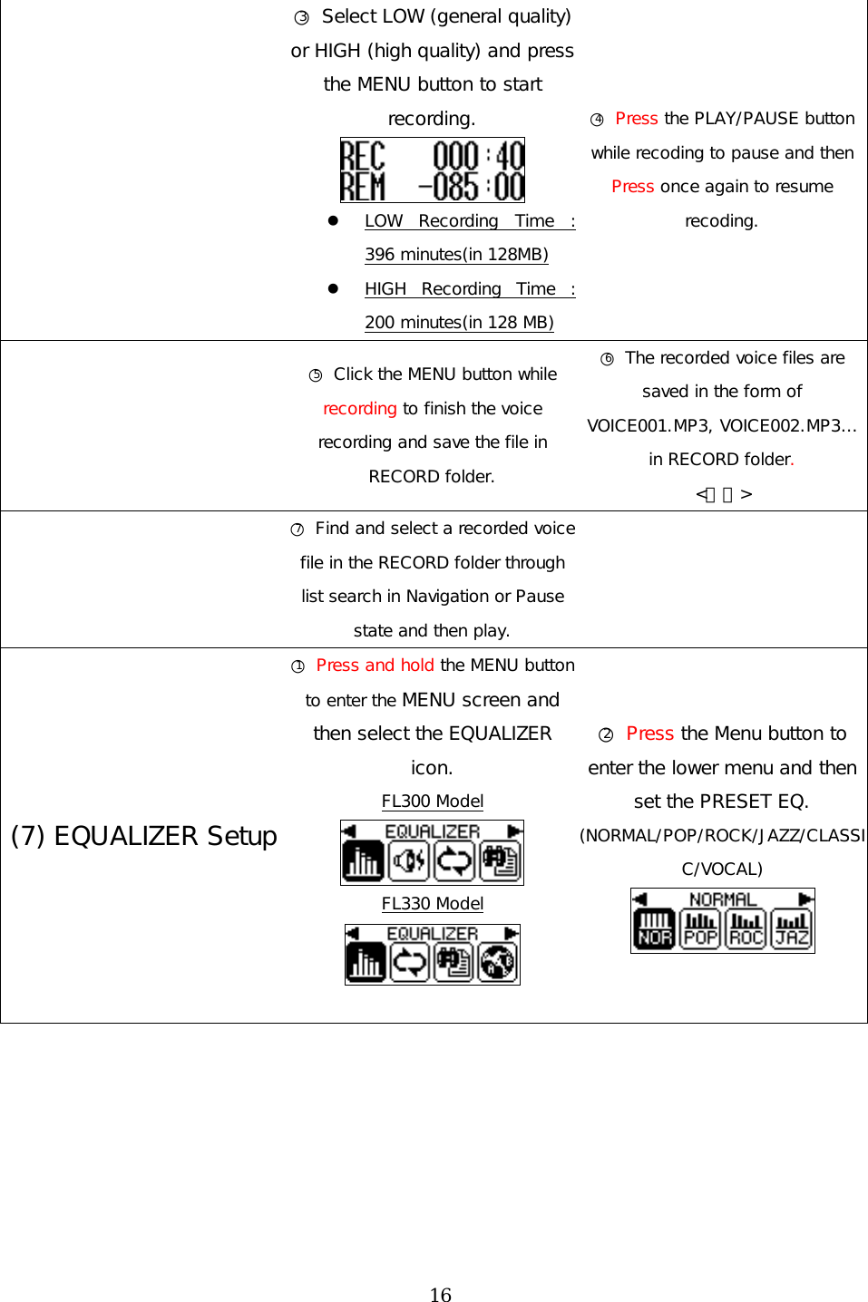  ○3 Select LOW (general quality) or HIGH (high quality) and press the MENU button to start recording.    LOW Recording Time : 396 minutes(in 128MB)   HIGH Recording Time : 200 minutes(in 128 MB) ○4 Press the PLAY/PAUSE button while recoding to pause and then Press once again to resume recoding.  ○5 Click the MENU button while recording to finish the voice recording and save the file in RECORD folder. ○6 The recorded voice files are saved in the form of VOICE001.MP3, VOICE002.MP3… in RECORD folder. &lt;그림&gt;  ○7 Find and select a recorded voice file in the RECORD folder through list search in Navigation or Pause state and then play.  (7) EQUALIZER Setup ○1 Press and hold the MENU button to enter the MENU screen and then select the EQUALIZER icon. FL300 Model  FL330 Model   ○2 Press the Menu button to enter the lower menu and then set the PRESET EQ. (NORMAL/POP/ROCK/JAZZ/CLASSIC/VOCAL)   16