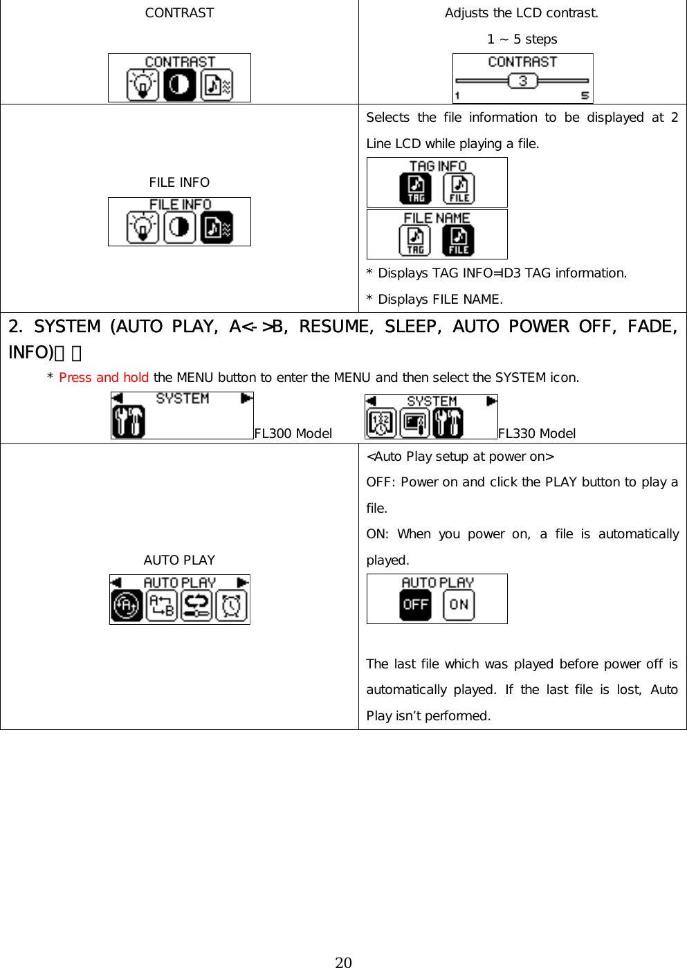  CONTRAST   Adjusts the LCD contrast. 1 ~ 5 steps  FILE INFO  Selects the file information to be displayed at 2 Line LCD while playing a file.    * Displays TAG INFO=ID3 TAG information. * Displays FILE NAME. 2. SYSTEM (AUTO PLAY, A&lt;-&gt;B, RESUME, SLEEP, AUTO POWER OFF, FADE, INFO)설정       * Press and hold the MENU button to enter the MENU and then select the SYSTEM icon. FL300 Model      FL330 Model AUTO PLAY  &lt;Auto Play setup at power on&gt; OFF: Power on and click the PLAY button to play a file. ON: When you power on, a file is automatically played.    The last file which was played before power off is automatically played. If the last file is lost, Auto Play isn’t performed.  20