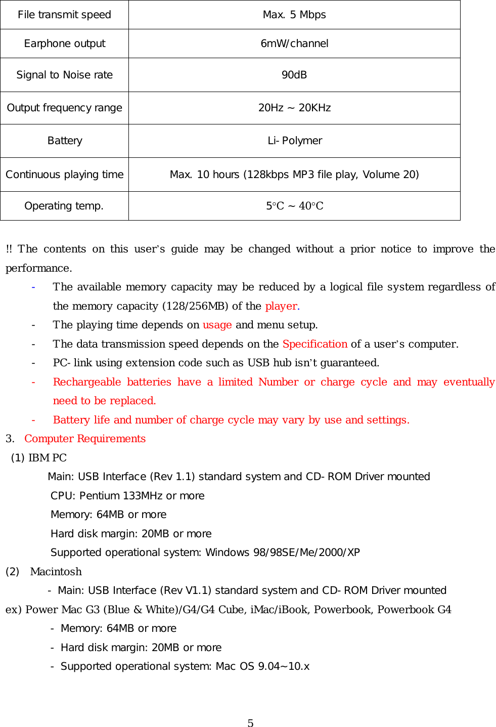 File transmit speed  Max. 5 Mbps Earphone output  6mW/channel Signal to Noise rate   90dB Output frequency range  20Hz ~ 20KHz Battery Li-Polymer Continuous playing time  Max. 10 hours (128kbps MP3 file play, Volume 20) Operating temp.  5°C ~ 40°C   !! The contents on this user’s guide may be changed without a prior notice to improve the performance. -  The available memory capacity may be reduced by a logical file system regardless of the memory capacity (128/256MB) of the player. -  The playing time depends on usage and menu setup.  -  The data transmission speed depends on the Specification of a user’s computer.  -  PC-link using extension code such as USB hub isn’t guaranteed.  -  Rechargeable batteries have a limited Number or charge cycle and may eventually need to be replaced. -  Battery life and number of charge cycle may vary by use and settings. 3.  Computer Requirements  (1) IBM PC Main: USB Interface (Rev 1.1) standard system and CD-ROM Driver mounted CPU: Pentium 133MHz or more Memory: 64MB or more Hard disk margin: 20MB or more Supported operational system: Windows 98/98SE/Me/2000/XP (2)  Macintosh - Main: USB Interface (Rev V1.1) standard system and CD-ROM Driver mounted ex) Power Mac G3 (Blue &amp; White)/G4/G4 Cube, iMac/iBook, Powerbook, Powerbook G4 - Memory: 64MB or more - Hard disk margin: 20MB or more - Supported operational system: Mac OS 9.04~10.x   5