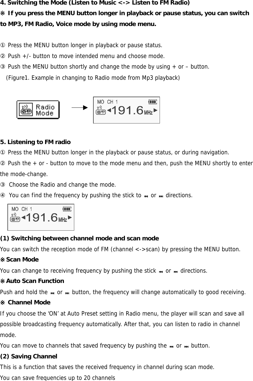 4. Switching the Mode (Listen to Music &lt;-&gt; Listen to FM Radio) ※ If you press the MENU button longer in playback or pause status, you can switch to MP3, FM Radio, Voice mode by using mode menu.    ① Press the MENU button longer in playback or pause status. ② Push +/- button to move intended menu and choose mode. ③ Push the MENU button shortly and change the mode by using + or – button.   (Figure1. Example in changing to Radio mode from Mp3 playback)    5. Listening to FM radio   ① Press the MENU button longer in the playback or pause status, or during navigation. ② Push the + or - button to move to the mode menu and then, push the MENU shortly to enter the mode-change. ③ Choose the Radio and change the mode. ④ You can find the frequency by pushing the stick to   or   directions.     (1) Switching between channel mode and scan mode You can switch the reception mode of FM (channel &lt;-&gt;scan) by pressing the MENU button. ※Scan Mode   You can change to receiving frequency by pushing the stick   or   directions.  ※Auto Scan Function   Push and hold the   or   button, the frequency will change automatically to good receiving.  ※ Channel Mode If you choose the ‘ON’ at Auto Preset setting in Radio menu, the player will scan and save all possible broadcasting frequency automatically. After that, you can listen to radio in channel mode.  You can move to channels that saved frequency by pushing the   or   button.  (2) Saving Channel   This is a function that saves the received frequency in channel during scan mode.  You can save frequencies up to 20 channels 