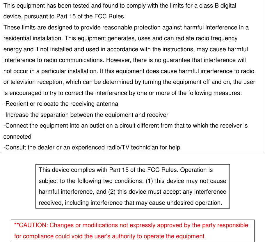  This equipment has been tested and found to comply with the limits for a class B digital device, pursuant to Part 15 of the FCC Rules. These limits are designed to provide reasonable protection against harmful interference in a residential installation. This equipment generates, uses and can radiate radio frequency energy and if not installed and used in accordance with the instructions, may cause harmful interference to radio communications. However, there is no guarantee that interference will not occur in a particular installation. If this equipment does cause harmful interference to radio or television reception, which can be determined by turning the equipment off and on, the user is encouraged to try to correct the interference by one or more of the following measures: -Reorient or relocate the receiving antenna -Increase the separation between the equipment and receiver -Connect the equipment into an outlet on a circuit different from that to which the receiver is connected -Consult the dealer or an experienced radio/TV technician for help  This device complies with Part 15 of the FCC Rules. Operation is subject to the following two conditions: (1) this device may not cause harmful interference, and (2) this device must accept any interference received, including interference that may cause undesired operation.  **CAUTION: Changes or modifications not expressly approved by the party responsible for compliance could void the user&apos;s authority to operate the equipment.  