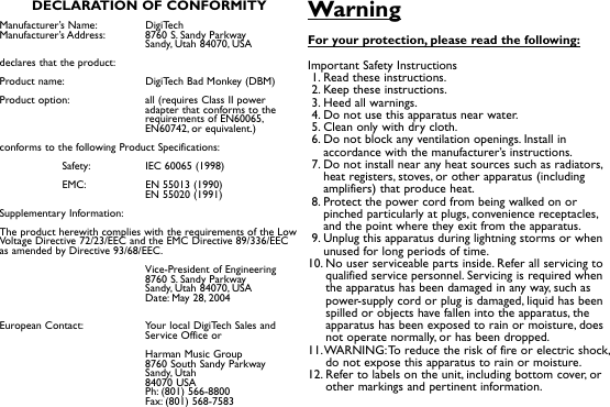 Page 2 of 12 - Digitech Digitech-Bad-Monkey-Owner-S-Manual Bad Monkey Manual RevA