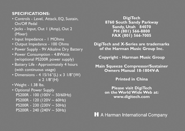 Page 12 of 12 - Digitech Digitech-Main-Squeeze-Owner-S-Manual Main Squeeze Manual - V