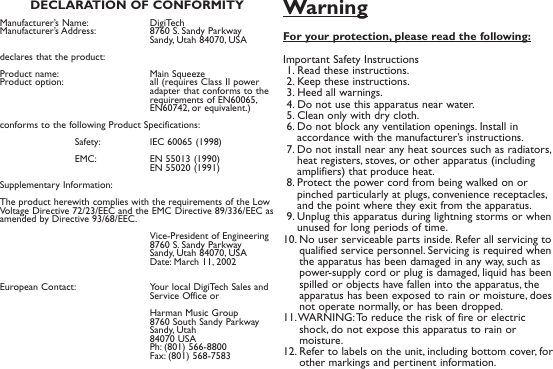 Page 2 of 12 - Digitech Digitech-Main-Squeeze-Owner-S-Manual Main Squeeze Manual - V