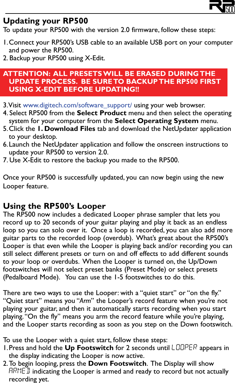 Page 2 of 4 - Digitech Digitech-Rp500-Quick-Start-Guide