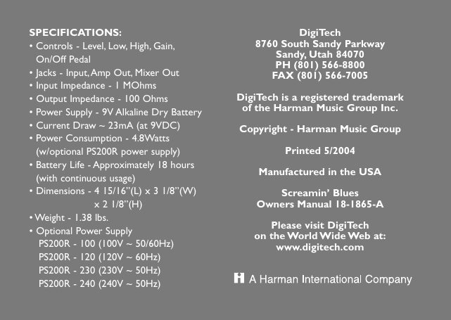 Page 12 of 12 - Digitech Digitech-Screamin-Blues-Owner-S-Manual Screamin' Blues Manual RevA