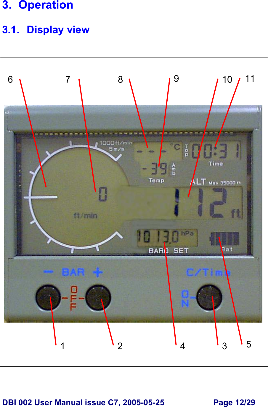  DBI 002 User Manual issue C7, 2005-05-25  Page 12/29  3. Operation  3.1. Display view    1  23 46  7  8910  11523 4