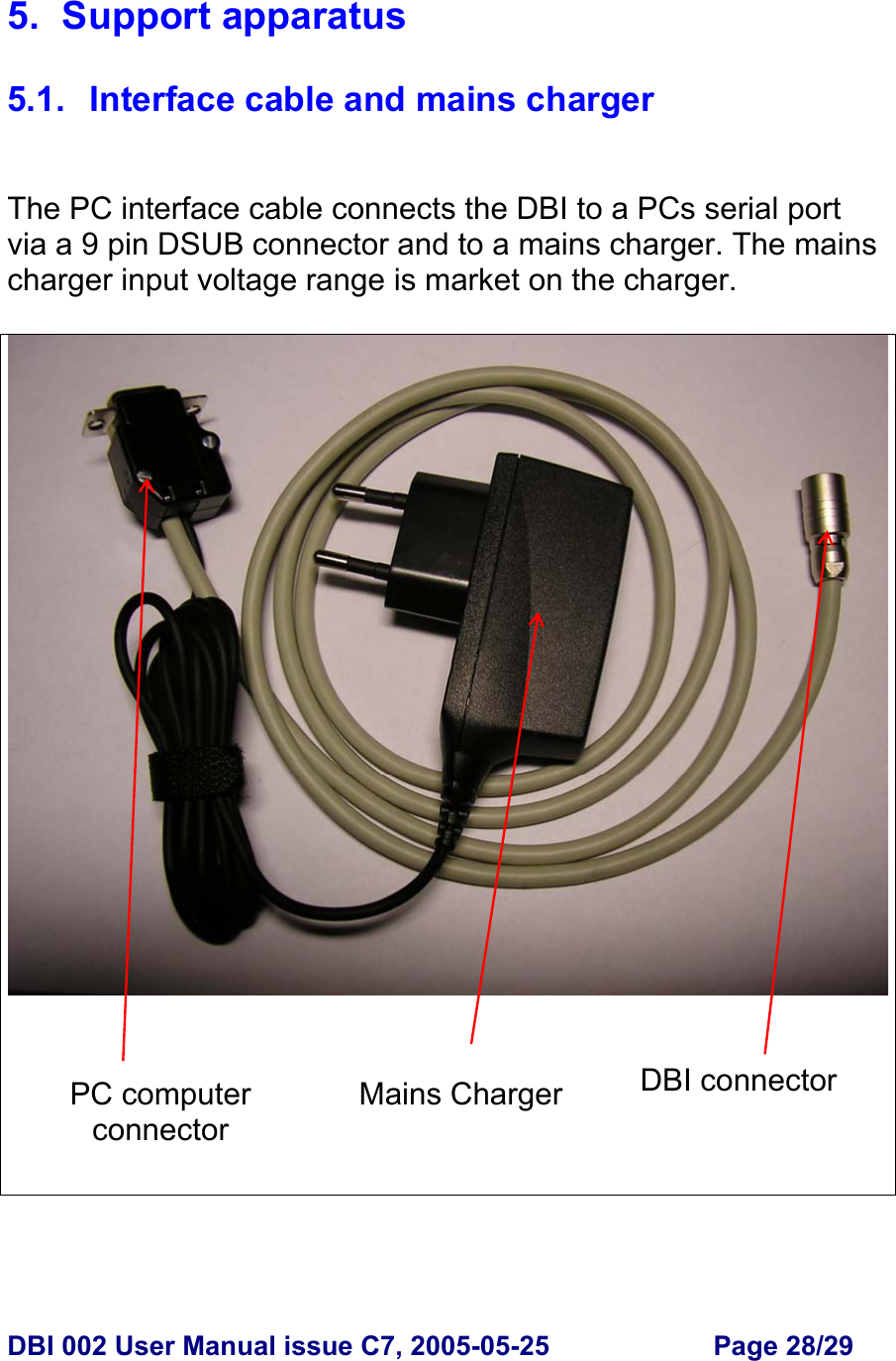  DBI 002 User Manual issue C7, 2005-05-25  Page 28/29  5. Support apparatus  5.1.  Interface cable and mains charger   The PC interface cable connects the DBI to a PCs serial port via a 9 pin DSUB connector and to a mains charger. The mains charger input voltage range is market on the charger.   DBI connectorMains Charger PC computer connector 