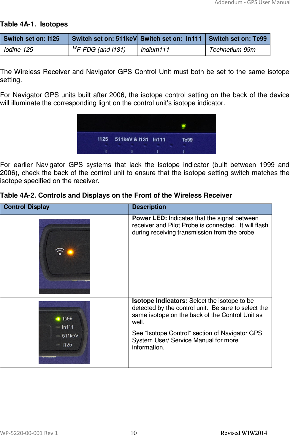 Addendum - GPS User Manual  WP-5220-00-001 Rev 1  10  Revised 9/19/2014  Table 4A-1.  Isotopes  Switch set on: I125 Switch set on: 511keVSwitch set on:  In111  Switch set on: Tc99 Iodine-125 18F-FDG (and I131)  Indium111 Technetium-99m  The Wireless Receiver and Navigator GPS Control Unit must both be set to the same isotope setting.   For Navigator GPS units built after 2006, the isotope control setting on the back of the device will illuminate the corresponding light on the control unit’s isotope indicator.   For  earlier  Navigator  GPS  systems  that  lack  the  isotope  indicator  (built  between  1999  and 2006), check the back of the control unit to ensure that the isotope setting switch matches the isotope specified on the receiver.  Table 4A-2. Controls and Displays on the Front of the Wireless Receiver Control Display Description  Power LED: Indicates that the signal between receiver and Pilot Probe is connected.  It will flash during receiving transmission from the probe  Isotope Indicators: Select the isotope to be detected by the control unit.  Be sure to select the same isotope on the back of the Control Unit as well.   See “Isotope Control” section of Navigator GPS System User/ Service Manual for more information.    