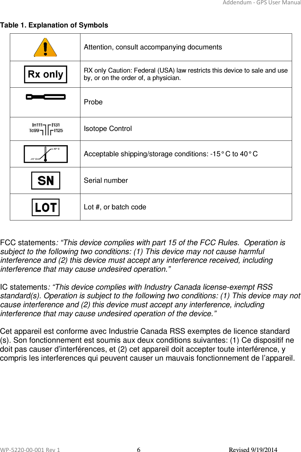 Addendum - GPS User Manual  WP-5220-00-001 Rev 1  6  Revised 9/19/2014  Table 1. Explanation of Symbols  Attention, consult accompanying documents  RX only Caution: Federal (USA) law restricts this device to sale and use by, or on the order of, a physician.   Probe  Isotope Control  Acceptable shipping/storage conditions: -15° C to 40° C  Serial number  Lot #, or batch code   FCC statements: “This device complies with part 15 of the FCC Rules.  Operation is subject to the following two conditions: (1) This device may not cause harmful interference and (2) this device must accept any interference received, including interference that may cause undesired operation.”  IC statements: “This device complies with Industry Canada license-exempt RSS standard(s). Operation is subject to the following two conditions: (1) This device may not cause interference and (2) this device must accept any interference, including interference that may cause undesired operation of the device.”  Cet appareil est conforme avec Industrie Canada RSS exemptes de licence standard (s). Son fonctionnement est soumis aux deux conditions suivantes: (1) Ce dispositif ne doit pas causer d’interférences, et (2) cet appareil doit accepter toute interférence, y compris les interferences qui peuvent causer un mauvais fonctionnement de l’appareil.  