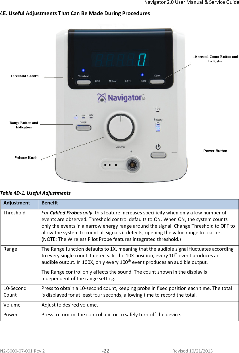 Navigator 2.0 User Manual &amp; Service Guide N2-5000-07-001 Rev 2  -22-  Revised 10/21/2015 4E. Useful Adjustments That Can Be Made During Procedures   Table 4D-1. Useful Adjustments  Adjustment Benefit Threshold For Cabled Probes only, this feature increases specificity when only a low number of events are observed. Threshold control defaults to ON. When ON, the system counts only the events in a narrow energy range around the signal. Change Threshold to OFF to allow the system to count all signals it detects, opening the value range to scatter. (NOTE: The Wireless Pilot Probe features integrated threshold.) Range The Range function defaults to 1X, meaning that the audible signal fluctuates according to every single count it detects. In the 10X position, every 10th event produces an audible output. In 100X, only every 100th event produces an audible output. The Range control only affects the sound. The count shown in the display is independent of the range setting. 10-Second Count Press to obtain a 10-second count, keeping probe in fixed position each time. The total is displayed for at least four seconds, allowing time to record the total. Volume Adjust to desired volume. Power  Press to turn on the control unit or to safely turn off the device.  10-second Count Button and Indicator Range Button and Indicators Volume Knob Threshold Control Power Button 