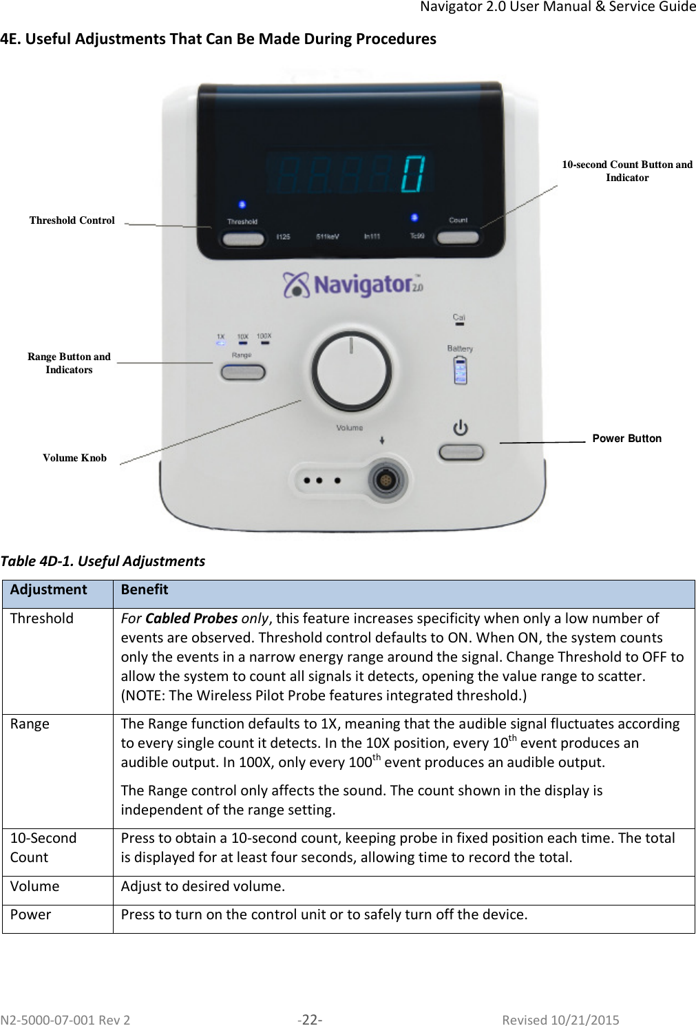 Navigator 2.0 User Manual &amp; Service Guide N2-5000-07-001 Rev 2  -22-  Revised 10/21/2015 4E. Useful Adjustments That Can Be Made During Procedures   Table 4D-1. Useful Adjustments  Adjustment Benefit Threshold For Cabled Probes only, this feature increases specificity when only a low number of events are observed. Threshold control defaults to ON. When ON, the system counts only the events in a narrow energy range around the signal. Change Threshold to OFF to allow the system to count all signals it detects, opening the value range to scatter. (NOTE: The Wireless Pilot Probe features integrated threshold.) Range The Range function defaults to 1X, meaning that the audible signal fluctuates according to every single count it detects. In the 10X position, every 10th event produces an audible output. In 100X, only every 100th event produces an audible output. The Range control only affects the sound. The count shown in the display is independent of the range setting. 10-Second Count Press to obtain a 10-second count, keeping probe in fixed position each time. The total is displayed for at least four seconds, allowing time to record the total. Volume Adjust to desired volume. Power  Press to turn on the control unit or to safely turn off the device.  10-second Count Button and Indicator Range Button and Indicators Volume Knob Threshold Control Power Button 