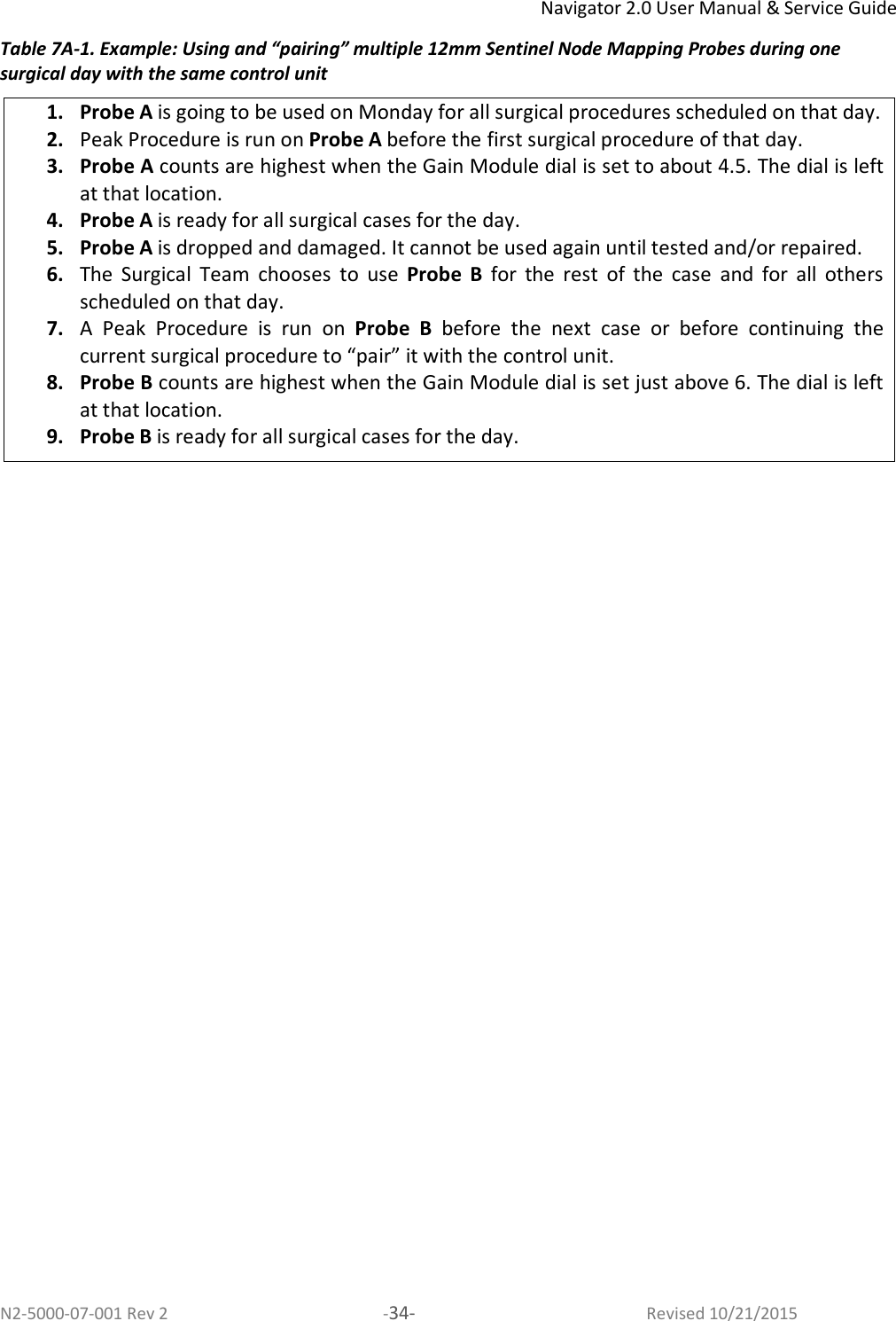 Navigator 2.0 User Manual &amp; Service Guide N2-5000-07-001 Rev 2  -34-  Revised 10/21/2015 Table 7A-1. Example: Using and “pairing” multiple 12mm Sentinel Node Mapping Probes during one surgical day with the same control unit 1. Probe A is going to be used on Monday for all surgical procedures scheduled on that day. 2. Peak Procedure is run on Probe A before the first surgical procedure of that day. 3. Probe A counts are highest when the Gain Module dial is set to about 4.5. The dial is left at that location. 4. Probe A is ready for all surgical cases for the day. 5. Probe A is dropped and damaged. It cannot be used again until tested and/or repaired.  6. The  Surgical  Team  chooses  to  use  Probe  B  for  the  rest  of  the  case  and  for  all  others scheduled on that day. 7. A  Peak  Procedure  is  run  on  Probe  B  before  the  next  case  or  before  continuing  the current surgical procedure to “pair” it with the control unit.  8. Probe B counts are highest when the Gain Module dial is set just above 6. The dial is left at that location.  9. Probe B is ready for all surgical cases for the day.  