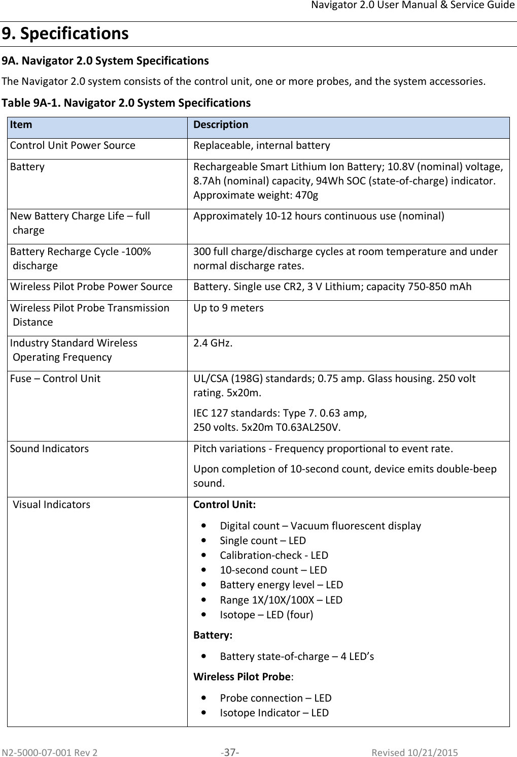 Navigator 2.0 User Manual &amp; Service Guide N2-5000-07-001 Rev 2  -37-  Revised 10/21/2015 9. Specifications 9A. Navigator 2.0 System Specifications The Navigator 2.0 system consists of the control unit, one or more probes, and the system accessories.  Table 9A-1. Navigator 2.0 System Specifications Item Description Control Unit Power Source Replaceable, internal battery Battery Rechargeable Smart Lithium Ion Battery; 10.8V (nominal) voltage, 8.7Ah (nominal) capacity, 94Wh SOC (state-of-charge) indicator. Approximate weight: 470g New Battery Charge Life – full charge Approximately 10-12 hours continuous use (nominal) Battery Recharge Cycle -100% discharge 300 full charge/discharge cycles at room temperature and under normal discharge rates.  Wireless Pilot Probe Power Source Battery. Single use CR2, 3 V Lithium; capacity 750-850 mAh Wireless Pilot Probe Transmission Distance Up to 9 meters Industry Standard Wireless Operating Frequency 2.4 GHz. Fuse – Control Unit UL/CSA (198G) standards; 0.75 amp. Glass housing. 250 volt rating. 5x20m.  IEC 127 standards: Type 7. 0.63 amp,  250 volts. 5x20m T0.63AL250V. Sound Indicators Pitch variations - Frequency proportional to event rate. Upon completion of 10-second count, device emits double-beep sound.  Visual Indicators Control Unit: • Digital count – Vacuum fluorescent display • Single count – LED • Calibration-check - LED • 10-second count – LED • Battery energy level – LED • Range 1X/10X/100X – LED • Isotope – LED (four) Battery: • Battery state-of-charge – 4 LED’s Wireless Pilot Probe: • Probe connection – LED • Isotope Indicator – LED  