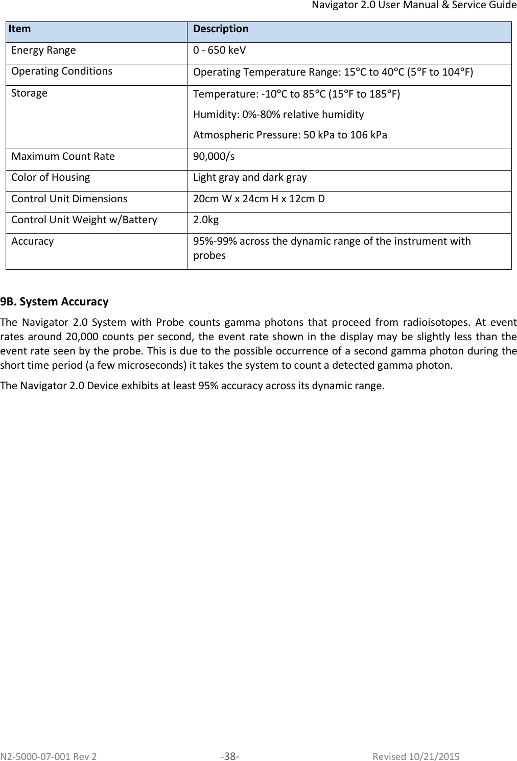 Navigator 2.0 User Manual &amp; Service Guide N2-5000-07-001 Rev 2  -38-  Revised 10/21/2015 Item Description Energy Range 0 - 650 keV Operating Conditions Operating Temperature Range: 15°C to 40°C (5°F to 104°F)  Storage  Temperature: -10°C to 85°C (15°F to 185°F) Humidity: 0%-80% relative humidity Atmospheric Pressure: 50 kPa to 106 kPa Maximum Count Rate 90,000/s Color of Housing Light gray and dark gray Control Unit Dimensions 20cm W x 24cm H x 12cm D  Control Unit Weight w/Battery 2.0kg Accuracy 95%-99% across the dynamic range of the instrument with probes  9B. System Accuracy The  Navigator  2.0  System  with  Probe  counts  gamma  photons  that  proceed  from  radioisotopes.  At  event rates around 20,000 counts per second,  the event rate shown in the display may be slightly less  than the event rate seen by the probe. This is due to the possible occurrence of a second gamma photon during the short time period (a few microseconds) it takes the system to count a detected gamma photon.  The Navigator 2.0 Device exhibits at least 95% accuracy across its dynamic range. 