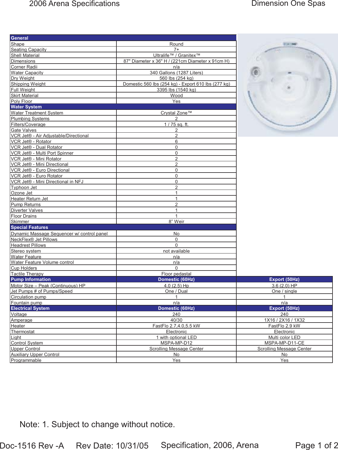 Page 1 of 2 - Dimension-One-Spas Dimension-One-Spas-Arena-Users-Manual- Doc-1516 ARE  Dimension-one-spas-arena-users-manual