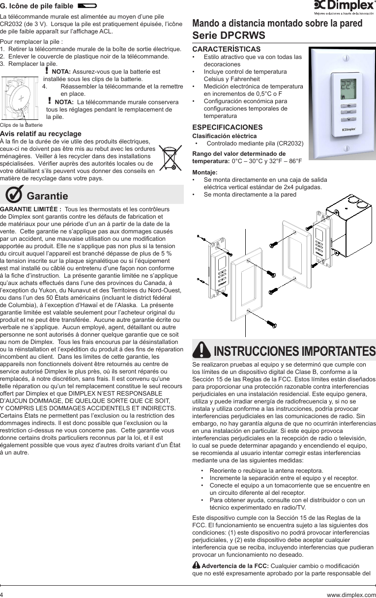 Dimplex North America Wall Mounted Remote Control User Manual