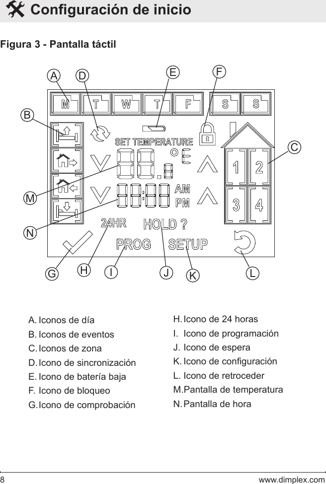 8   www.dimplex.comFigura 3 - Pantalla táctilMLNKBEA DICJFGHA. Iconos de díaB. Iconos de eventosC. Iconos de zonaD. Icono de sincronizaciónE. Icono de batería bajaF. Icono de bloqueoG. Icono de comprobaciónH. Icono de 24 horasI.  Icono de programaciónJ. Icono de esperaK. Icono de conguraciónL. Icono de retrocederM. Pantalla de temperaturaN. Pantalla de hora  Conguración de inicio  