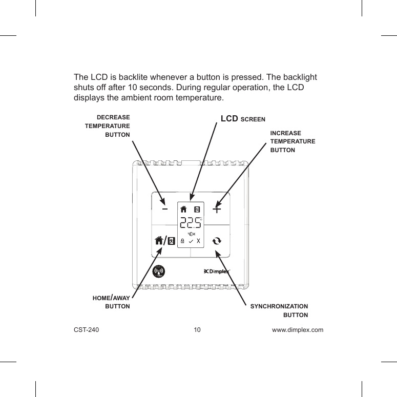 CST-240 10 www.dimplex.comThe LCD is backlite whenever a button is pressed. The backlight shuts off after 10 seconds. During regular operation, the LCD displays the ambient room temperature.  lcD screensynchronization buttonincrease temperaturebuttonDecrease temperature buttonhome/aWay button