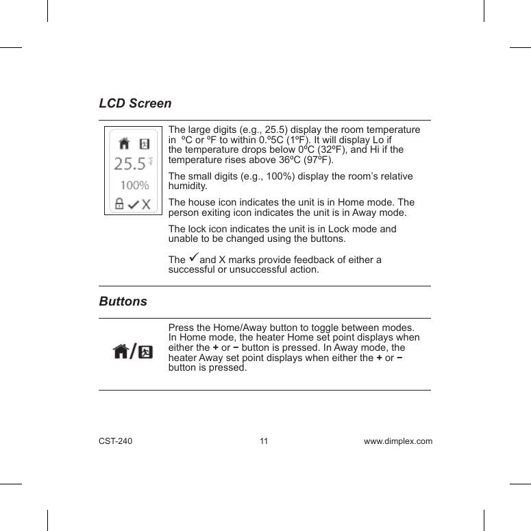 CST-240 11 www.dimplex.comLCD ScreenThe large digits (e.g., 25.5) display the room temperature in  ºC or ºF to within 0.º5C (1ºF). It will display Lo if the temperature drops below 0ºC (32ºF), and Hi if the temperature rises above 36ºC (97ºF). The small digits (e.g., 100%) display the room’s relative humidity.The house icon indicates the unit is in Home mode. The person exiting icon indicates the unit is in Away mode. The lock icon indicates the unit is in Lock mode and unable to be changed using the buttons.The and X marks provide feedback of either a successful or unsuccessful action. ButtonsPress the Home/Away button to toggle between modes. In Home mode, the heater Home set point displays when either the + or − button is pressed. In Away mode, the heater Away set point displays when either the + or − button is pressed. increase temperaturebutton