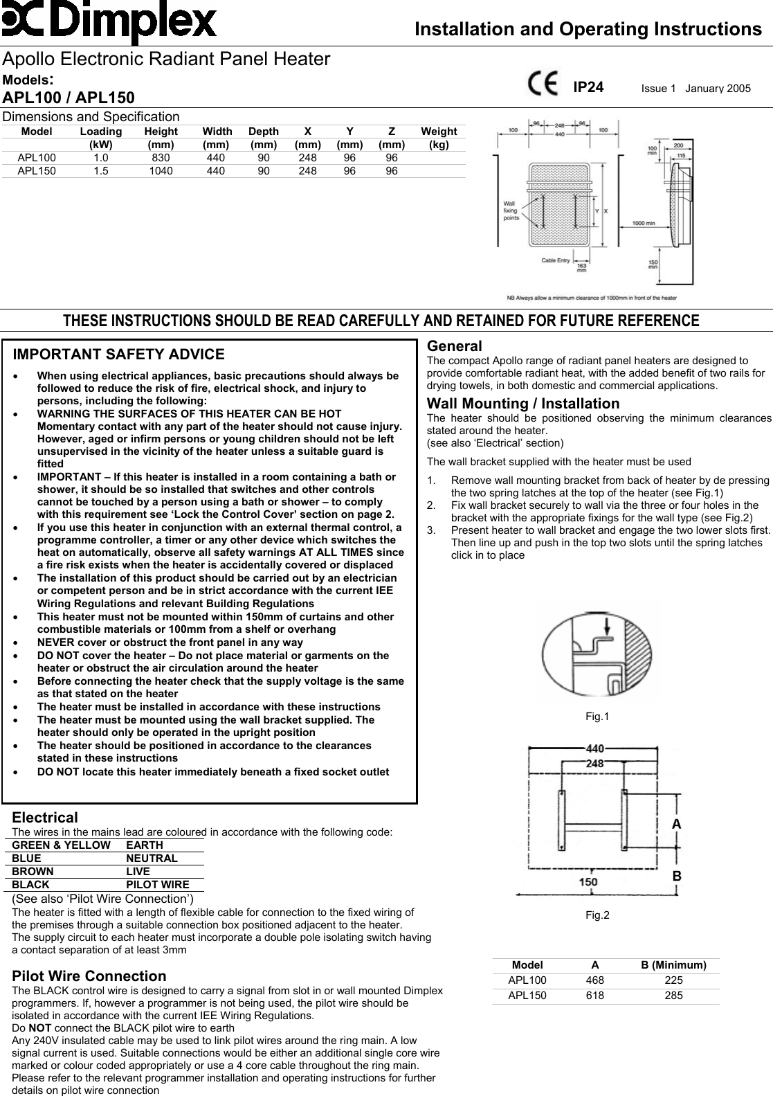 Page 1 of 2 - Dimplex Dimplex-Apl100-Users-Manual Apollo Operating And Installation Instructions - Issue 1 N.