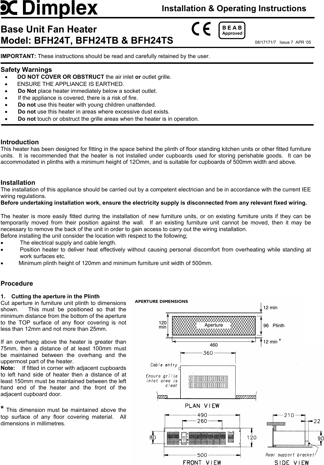 Page 1 of 4 - Dimplex Dimplex-Bfh24T-Users-Manual BFH24T Base Unit Heater - Issue 7