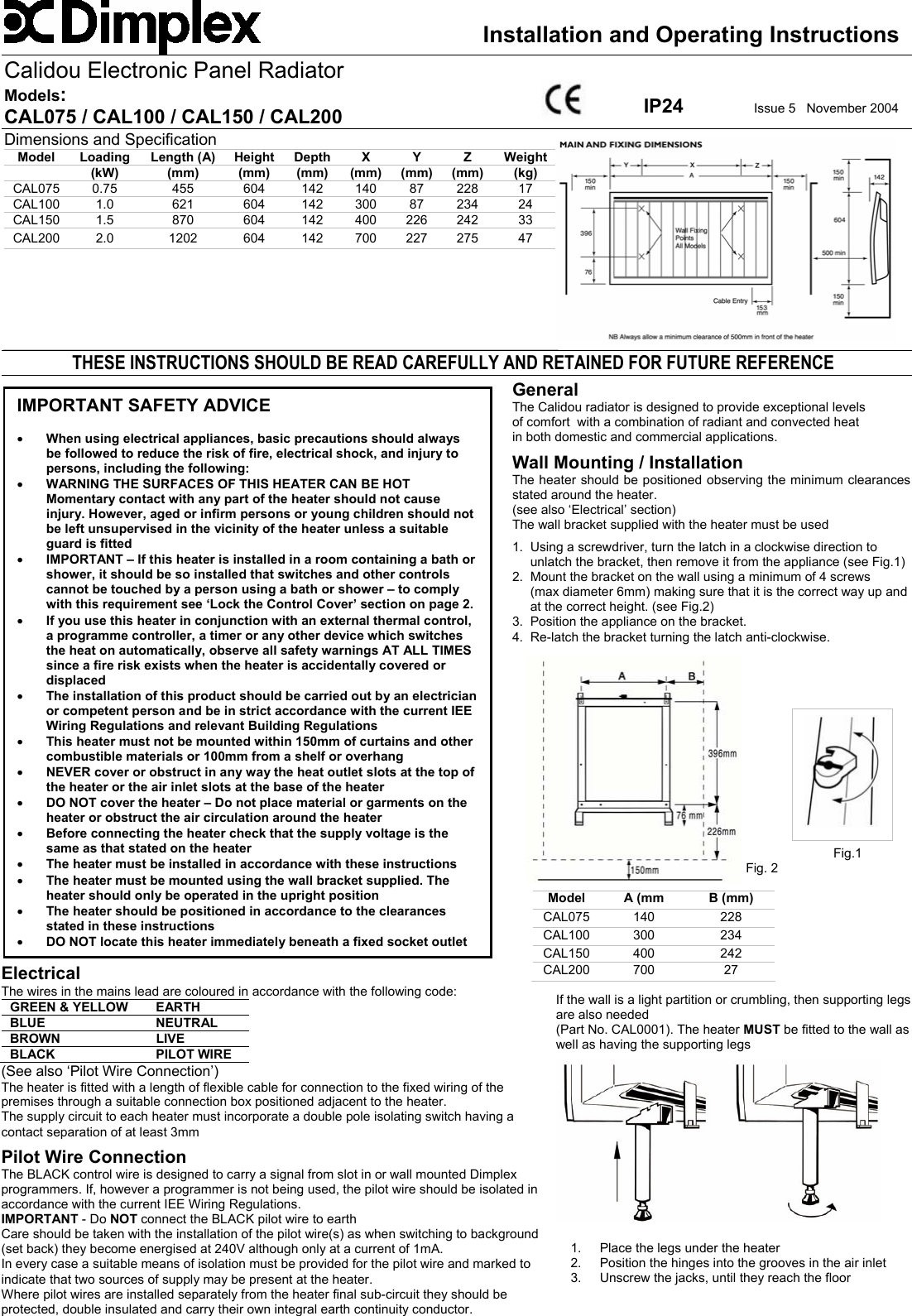 Page 1 of 2 - Dimplex Dimplex-Cal075-Users-Manual Calidou Operating And Installation Instructions Issue 5 No.