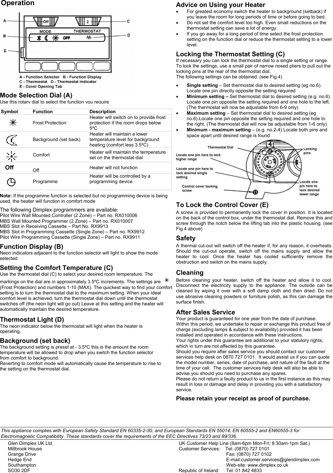 Page 2 of 2 - Dimplex Dimplex-Cal075-Users-Manual Calidou Operating And Installation Instructions Issue 5 No.