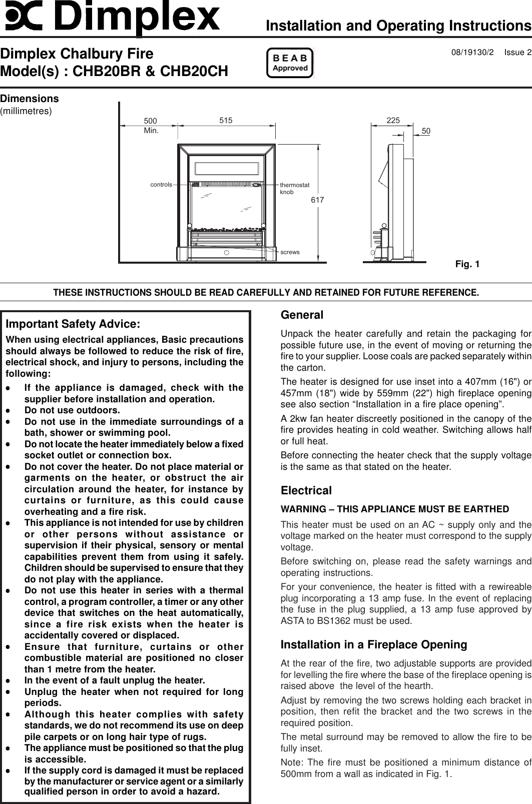 Dimplex Chb20Br Users Manual EC53.. Series Instructioons
