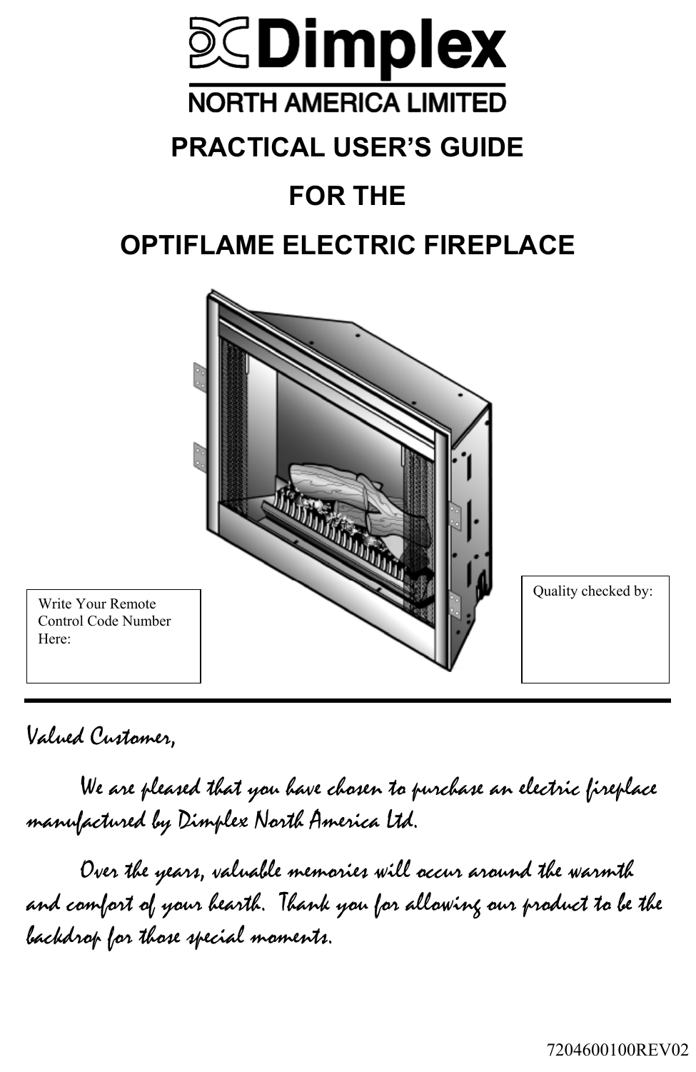 Dimplex Electric Fireplace Users Manual Quick Reference Guide