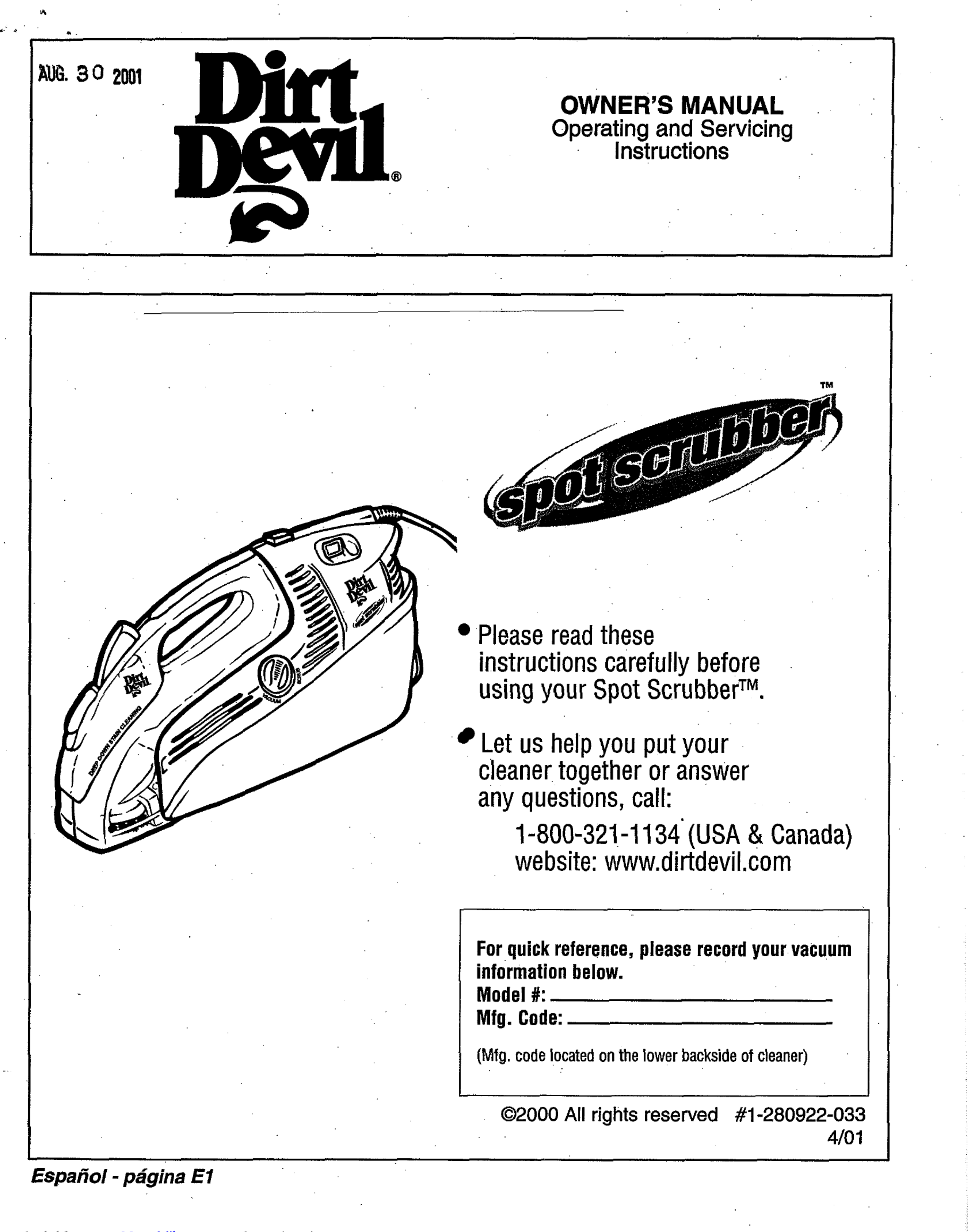 Page 1 of 8 - Dirt-Devil Dirt-Devil-Spot-Scrubber-Owners-Manual-1003005 User Manual