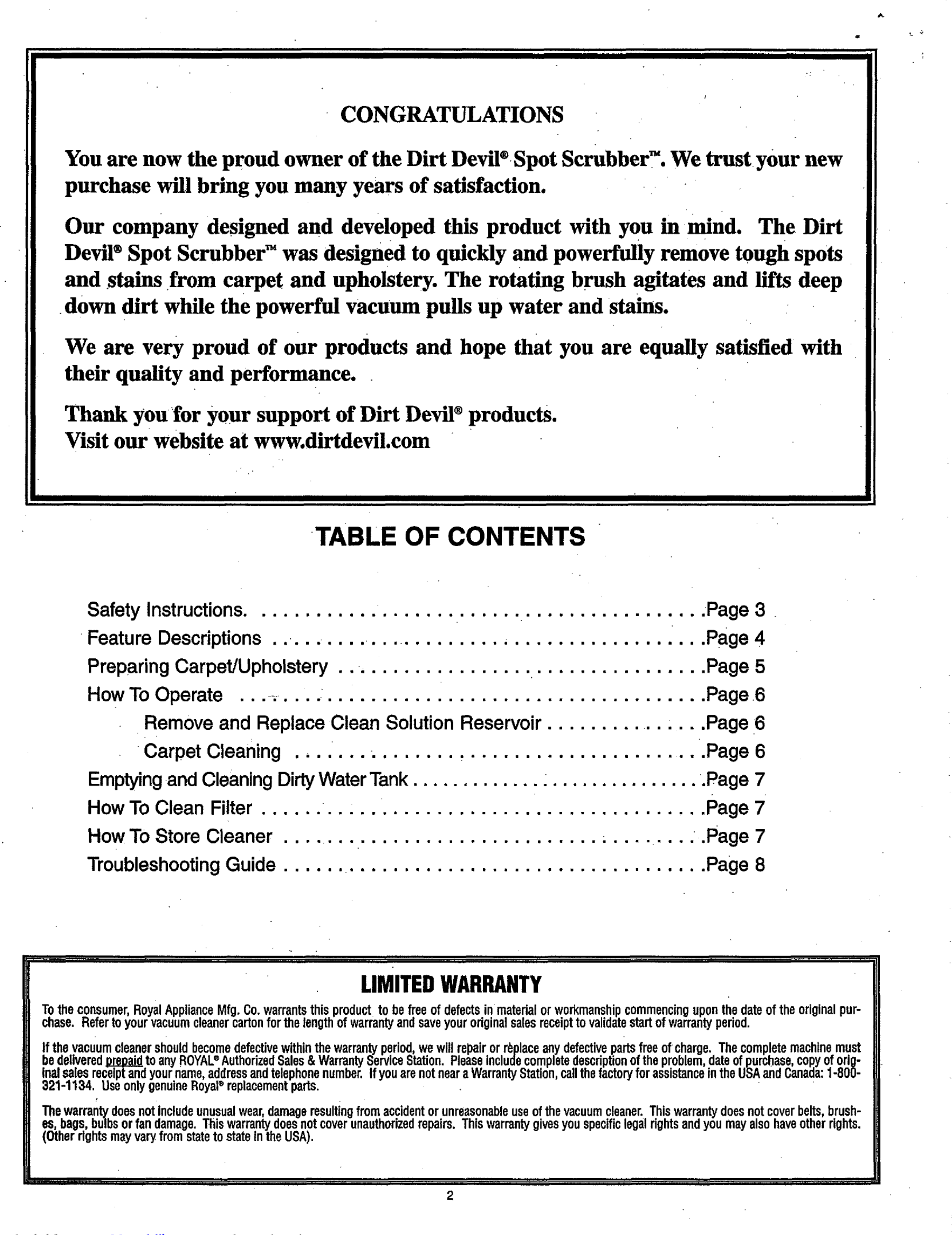 Page 2 of 8 - Dirt-Devil Dirt-Devil-Spot-Scrubber-Owners-Manual-1003005 User Manual