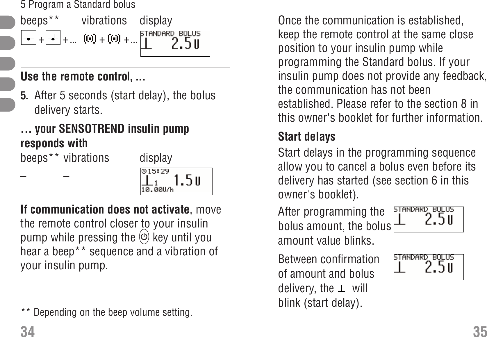 beeps** vibrations display+  + ... +  + ...S_StandardBolus_25_EN.bmpUse the remote control, ...5. After 5 seconds (start delay), the bolusdelivery starts.... your SENSOTREND insulin pumpresponds withbeeps** vibrations display––S_Sbolus_delivery_EN.bmpIf communication does not activate, movethe remote control closer to your insulinpump while pressing the  key until youhear a beep** sequence and a vibration ofyour insulin pump. Communication 345 Program a Standard bolusOnce the communication is established,keep the remote control at the same closeposition to your insulin pump whileprogramming the Standard bolus. If yourinsulin pump does not provide any feedback,the communication has not beenestablished. Please refer to the section 8 inthis owner&apos;s booklet for further information.Start delays Start delaysStart delays in the programming sequenceallow you to cancel a bolus even before itsdelivery has started (see section 6 in thisowner&apos;s booklet).After programming thebolus amount, the bolusamount value blinks.Between confirmationof amount and bolusdelivery, the will blink (start delay).   35** Depending on the beep volume setting.