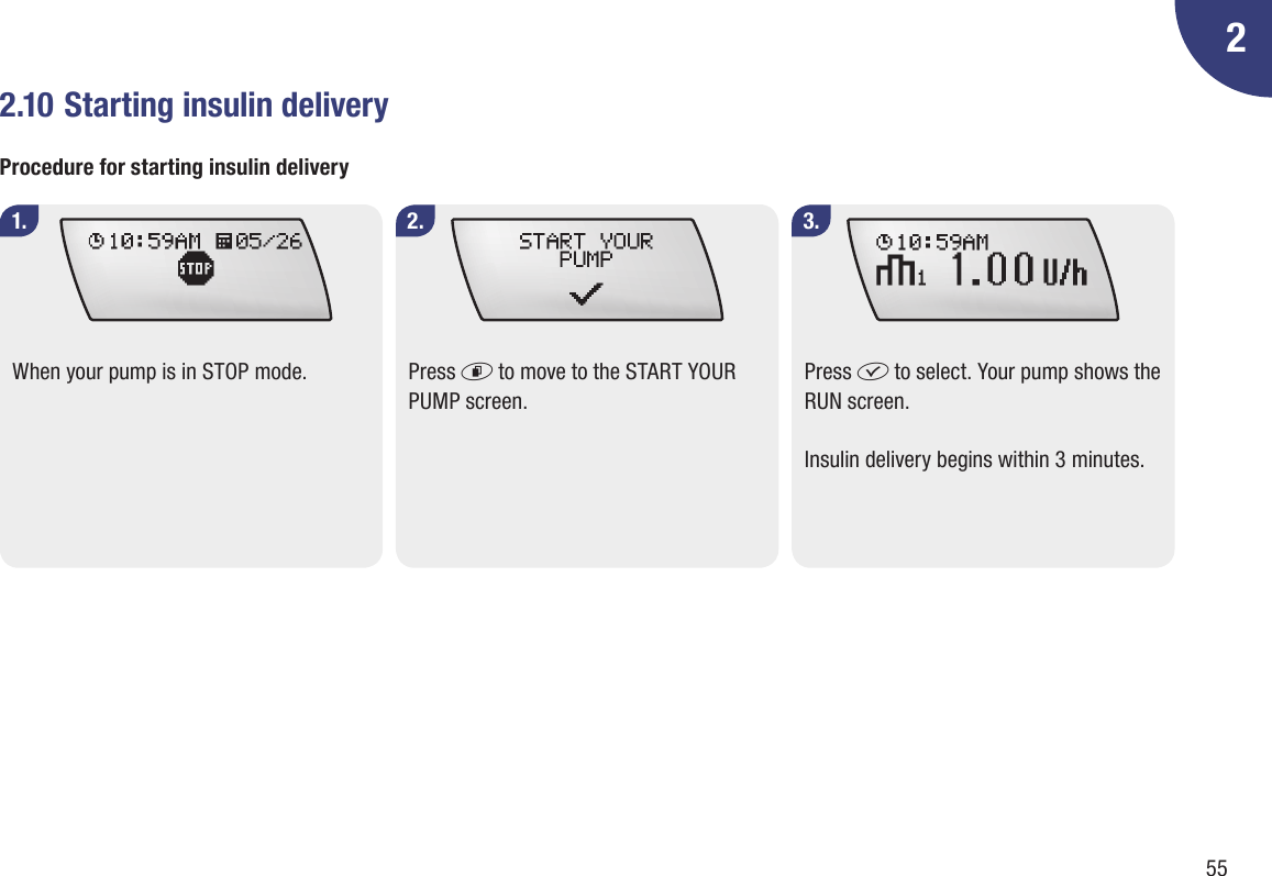 5522.10 Starting insulin deliveryProcedure for starting insulin delivery1. 2. 3.When your pump is in STOP mode.  Press d to move to the START YOUR PUMP screen.Press f to select. Your pump shows the RUN screen.Insulin delivery begins within 3 minutes.