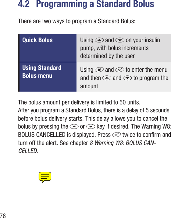 784.2  Programming a Standard BolusThere are two ways to program a Standard Bolus:Quick Bolus Using a and s on your insulin pump, with bolus increments determined by the userUsing Standard Bolus menuUsing d and f to enter the menu and then a and s to program the amountThe bolus amount per delivery is limited to 50 units.After you program a Standard Bolus, there is a delay of 5 seconds before bolus delivery starts. This delay allows you to cancel the bolus by pressing the a or s key if desired. The Warning W8: BOLUS CANCELLED is displayed. Press f twice to conrm and turn off the alert. See chapter 8 Warning W8: BOLUS CAN-CELLED. 
