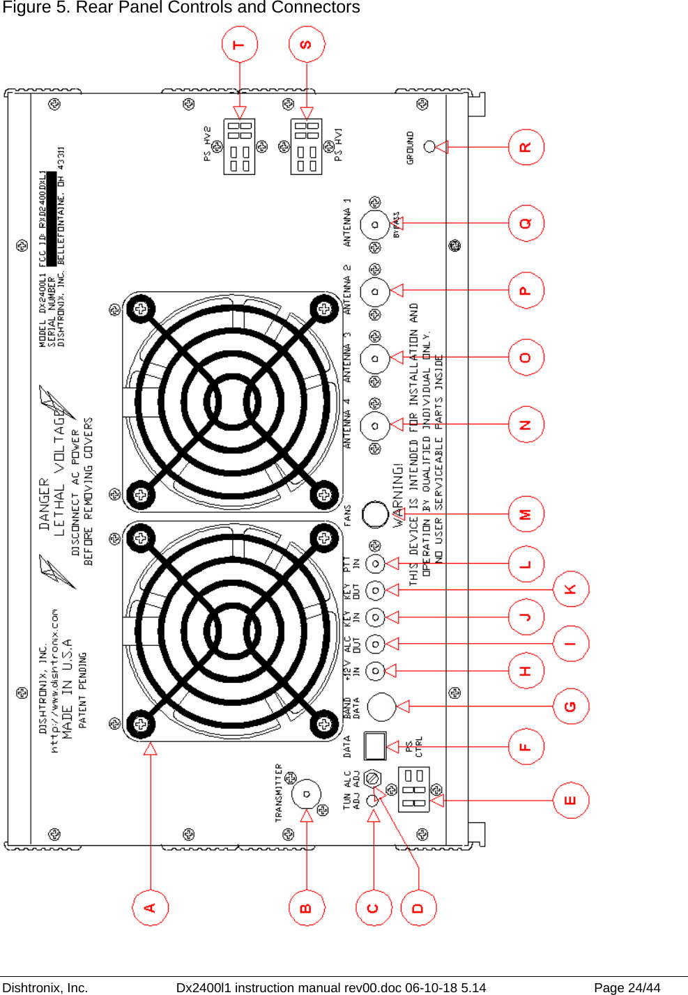 Dishtronix, Inc.  Dx2400l1 instruction manual rev00.doc 06-10-18 5.14  Page 24/44   Figure 5. Rear Panel Controls and Connectors  