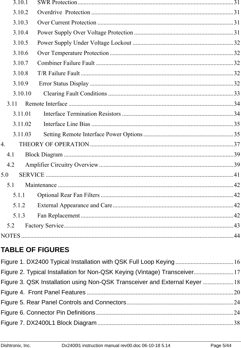 Dishtronix, Inc.  Dx2400l1 instruction manual rev00.doc 06-10-18 5.14  Page 5/44   3.10.1   SWR Protection......................................................................................................31 3.10.2   Overdrive  Protection .............................................................................................31 3.10.3   Over Current Protection .........................................................................................31 3.10.4   Power Supply Over Voltage Protection .................................................................31 3.10.5   Power Supply Under Voltage Lockout ..................................................................32 3.10.6   Over Temperature Protection .................................................................................32 3.10.7   Combiner Failure Fault ..........................................................................................32 3.10.8   T/R Failure Fault ....................................................................................................32 3.10.9   Error Status Display ..............................................................................................32 3.10.10   Clearing Fault Conditions ..................................................................................33 3.11 Remote Interface ............................................................................................................34 3.11.01   Interface Termination Resistors .........................................................................34 3.11.02   Interface Line Bias .............................................................................................35 3.11.03   Setting Remote Interface Power Options ...........................................................35 4.   THEORY OF OPERATION ..............................................................................................37 4.1   Block Diagram ...............................................................................................................39 4.2   Amplifier Circuitry Overview........................................................................................39 5.0 SERVICE ...........................................................................................................................41 5.1 Maintenance ...................................................................................................................42 5.1.1  Optional Rear Fan Filters .......................................................................................42 5.1.2  External Appearance and Care...............................................................................42 5.1.3 Fan Replacement ....................................................................................................42 5.2 Factory Service...............................................................................................................43 NOTES ...........................................................................................................................................44 TABLE OF FIGURES Figure 1. DX2400 Typical Installation with QSK Full Loop Keying......................................16 Figure 2. Typical Installation for Non-QSK Keying (Vintage) Transceiver..........................17 Figure 3. QSK Installation using Non-QSK Transceiver and External Keyer ....................18 Figure 4.  Front Panel Features ................................................................................................20 Figure 5. Rear Panel Controls and Connectors......................................................................24 Figure 6. Connector Pin Definitions..........................................................................................24 Figure 7. DX2400L1 Block Diagram .........................................................................................38 