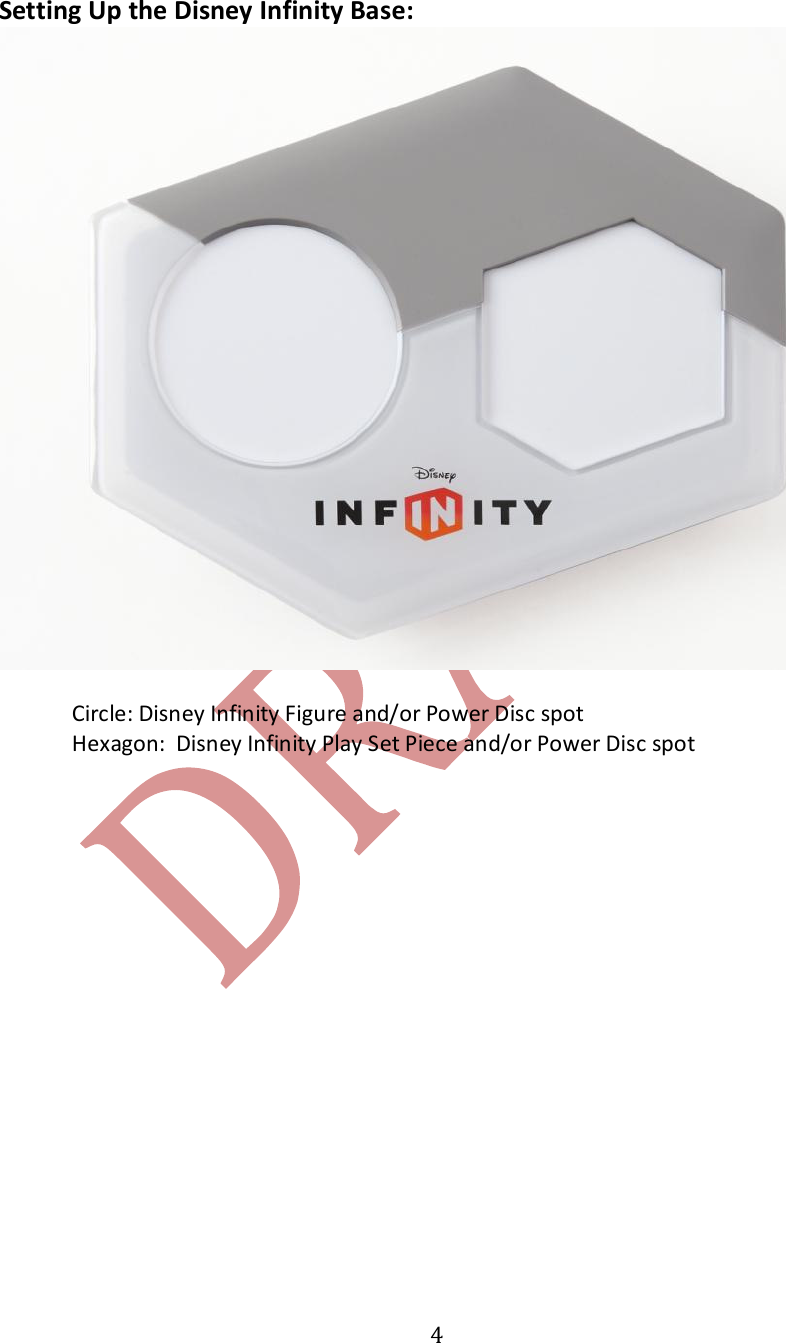   4 Setting Up the Disney Infinity Base:     Circle: Disney Infinity Figure and/or Power Disc spot   Hexagon:  Disney Infinity Play Set Piece and/or Power Disc spot    