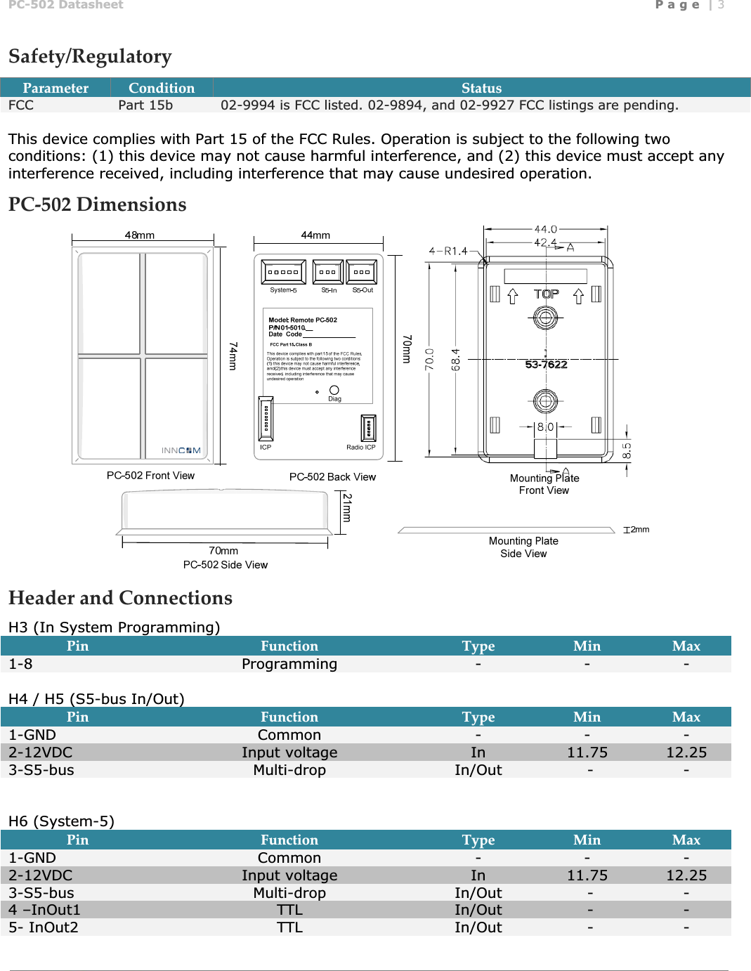 PC-502 Datasheet Page | 3Safety/RegulatoryȱParameterȱConditionȱStatusFCC Part 15b  02-9994 is FCC listed. 02-9894, and 02-9927 FCC listings are pending. This device complies with Part 15 of the FCC Rules. Operation is subject to the following two conditions: (1) this device may not cause harmful interference, and (2) this device must accept any interference received, including interference that may cause undesired operation. PCȬ502ȱDimensionsȱȱHeaderȱandȱConnectionsȱH3 (In System Programming) PinȱFunction Type MinȱMax1-8 Programming - - -H4 / H5 (S5-bus In/Out) PinȱFunction Type MinȱMax1-GND Common - - -2-12VDC Input voltage  In 11.75  12.25 3-S5-bus  Multi-drop   In/Out - -H6 (System-5) PinȱFunction Type MinȱMax1-GND Common - - -2-12VDC Input voltage  In 11.75  12.25 3-S5-bus  Multi-drop   In/Out - -4 &ndash;InOut1  TTL  In/Out - -5- InOut2  TTL  In/Out - -