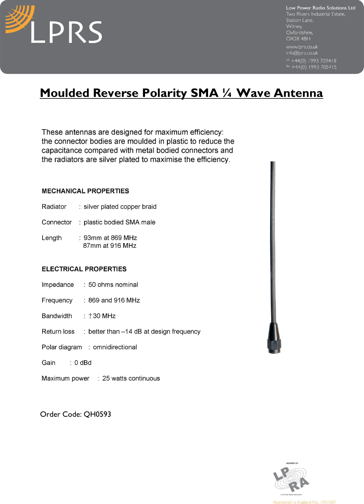   Moulded Reverse Polarity SMA ¼ Wave Antenna      Order Code: QH0593 